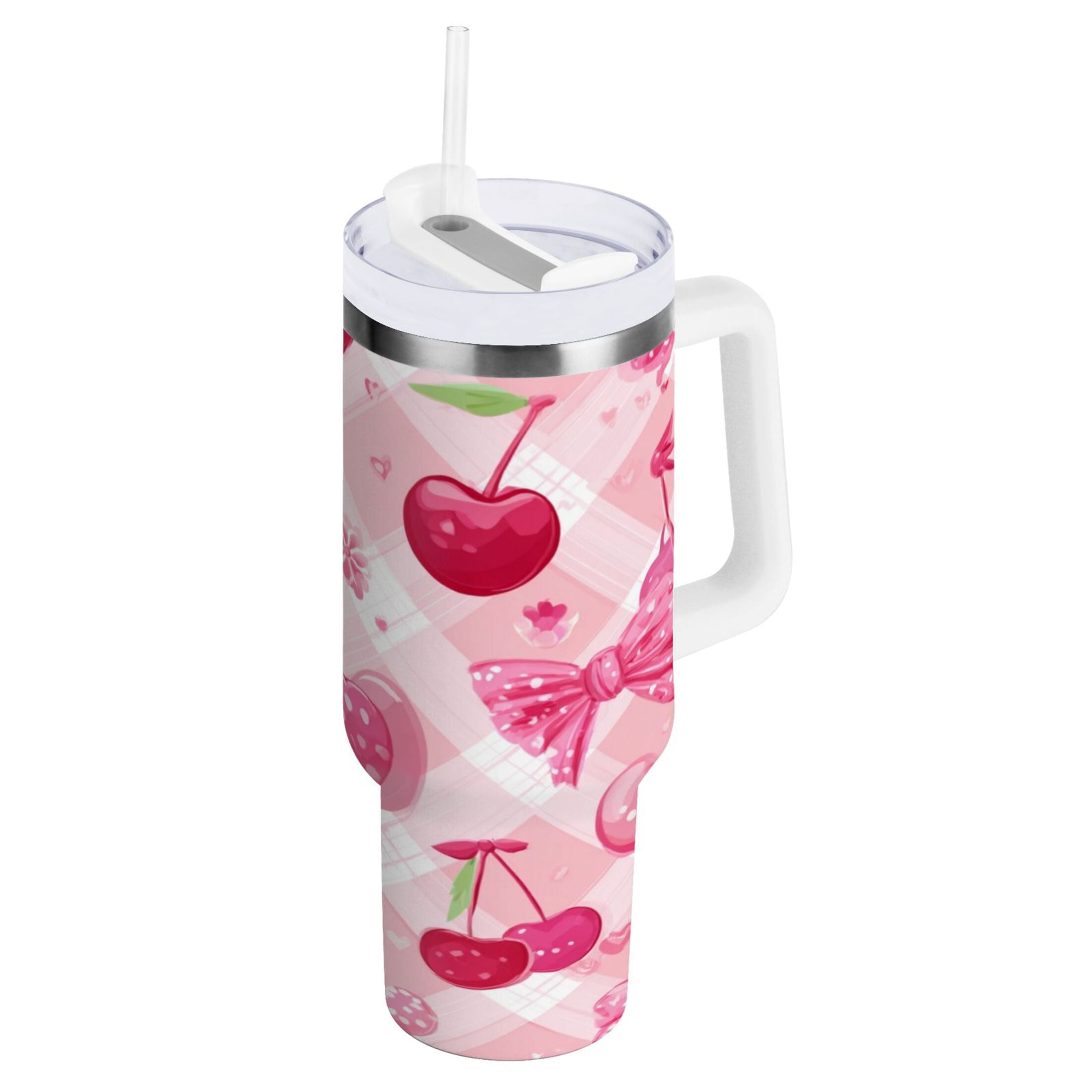 30 oz Insulated Stainless Steel Tumbler Double Wall Stainless Steel Tumbler with 2-Way Drinking Cherry and Pink Bow Pattern Edition-1632