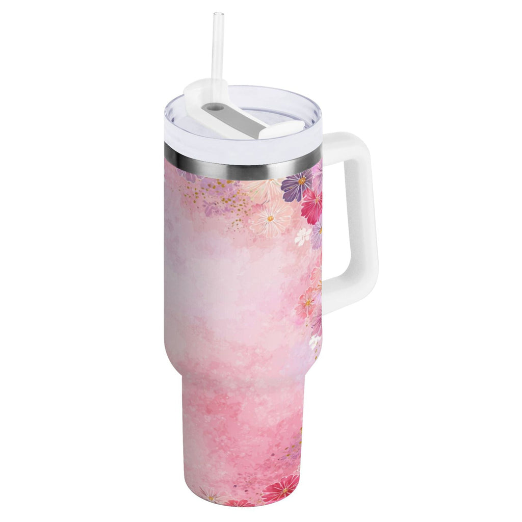 30 oz Insulated Stainless Steel Tumbler Double Wall Stainless Steel Tumbler with 2-Way Drinking Colorful Pastel Floral Pattern Edition-VFF3