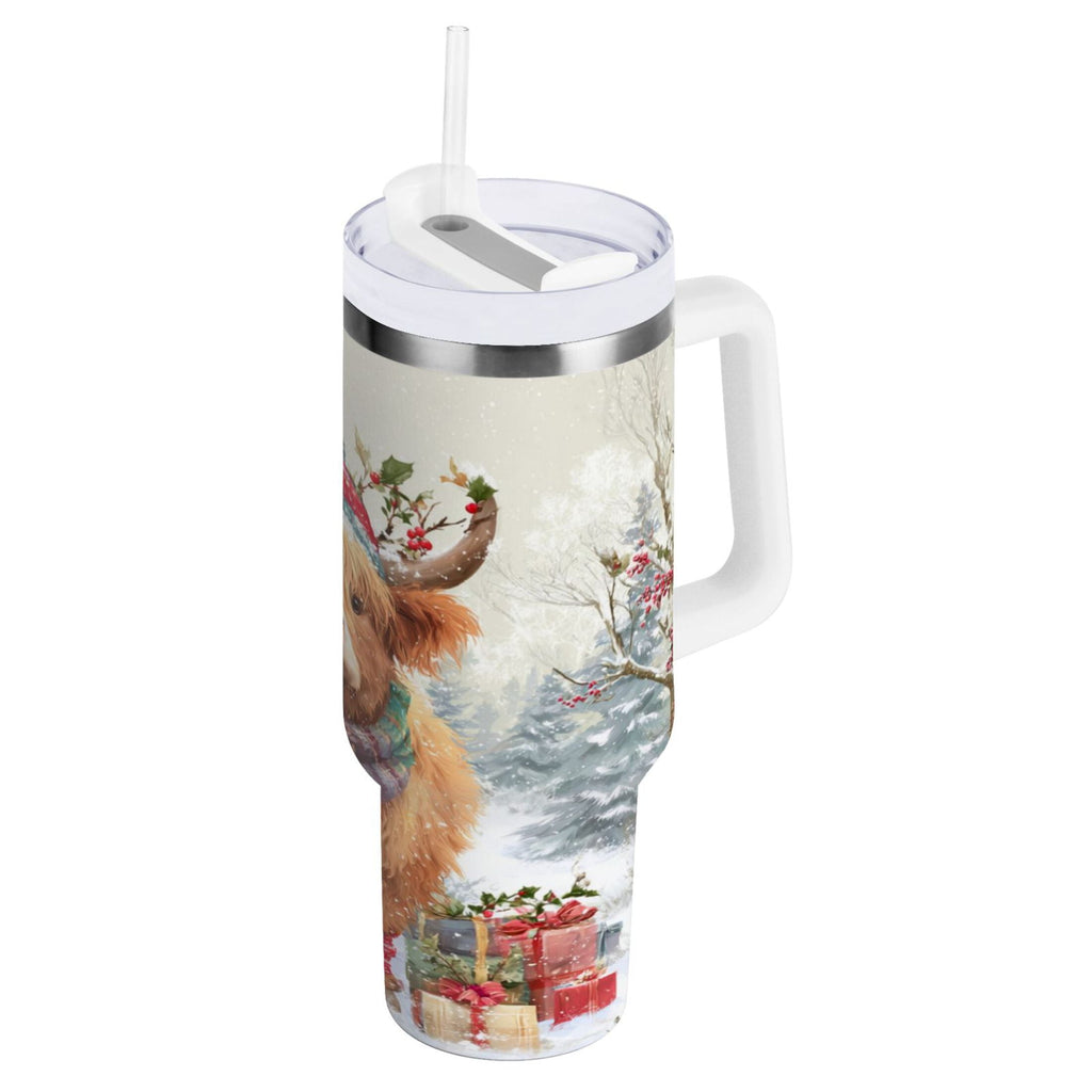 30 oz Insulated Stainless Steel Tumbler Double Wall Stainless Steel Tumbler with 2-Way Drinking Cow Wearing Christmas Hat Edition-6NDO