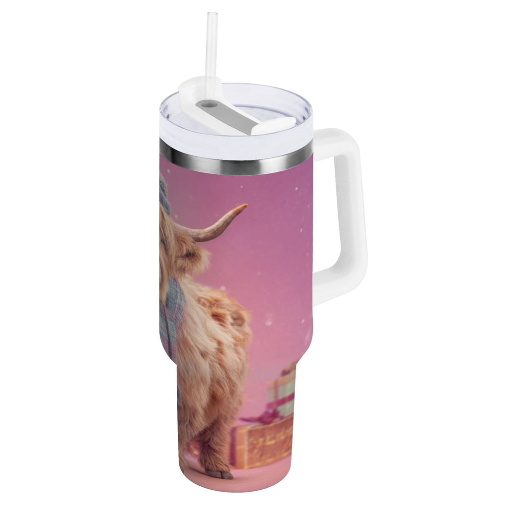 30 oz Insulated Stainless Steel Tumbler Double Wall Stainless Steel Tumbler with 2-Way Drinking Cow Wearing Christmas Edition-I5YN