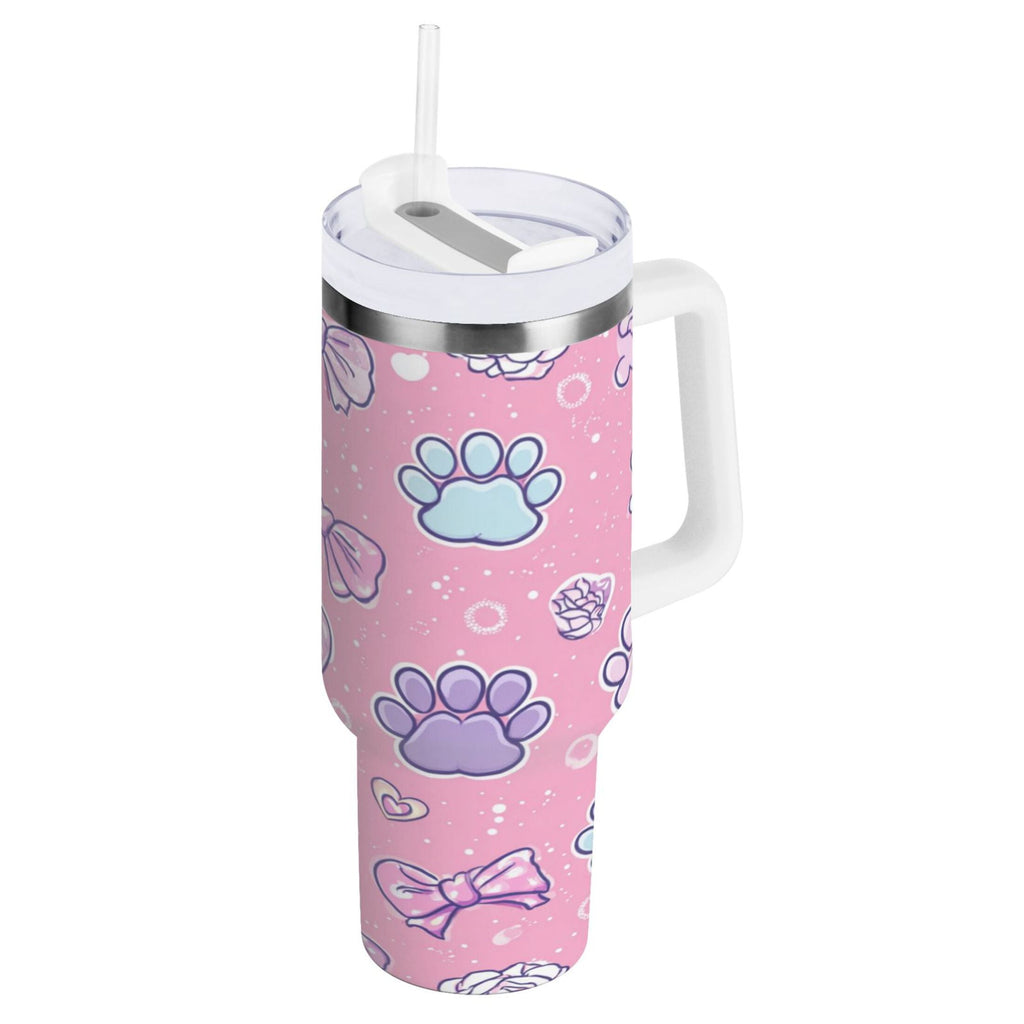 30 oz Insulated Stainless Steel Tumbler Double Wall Stainless Steel Tumbler with 2-Way Drinking Dog Paw Prints and Bows Edition-IJEB