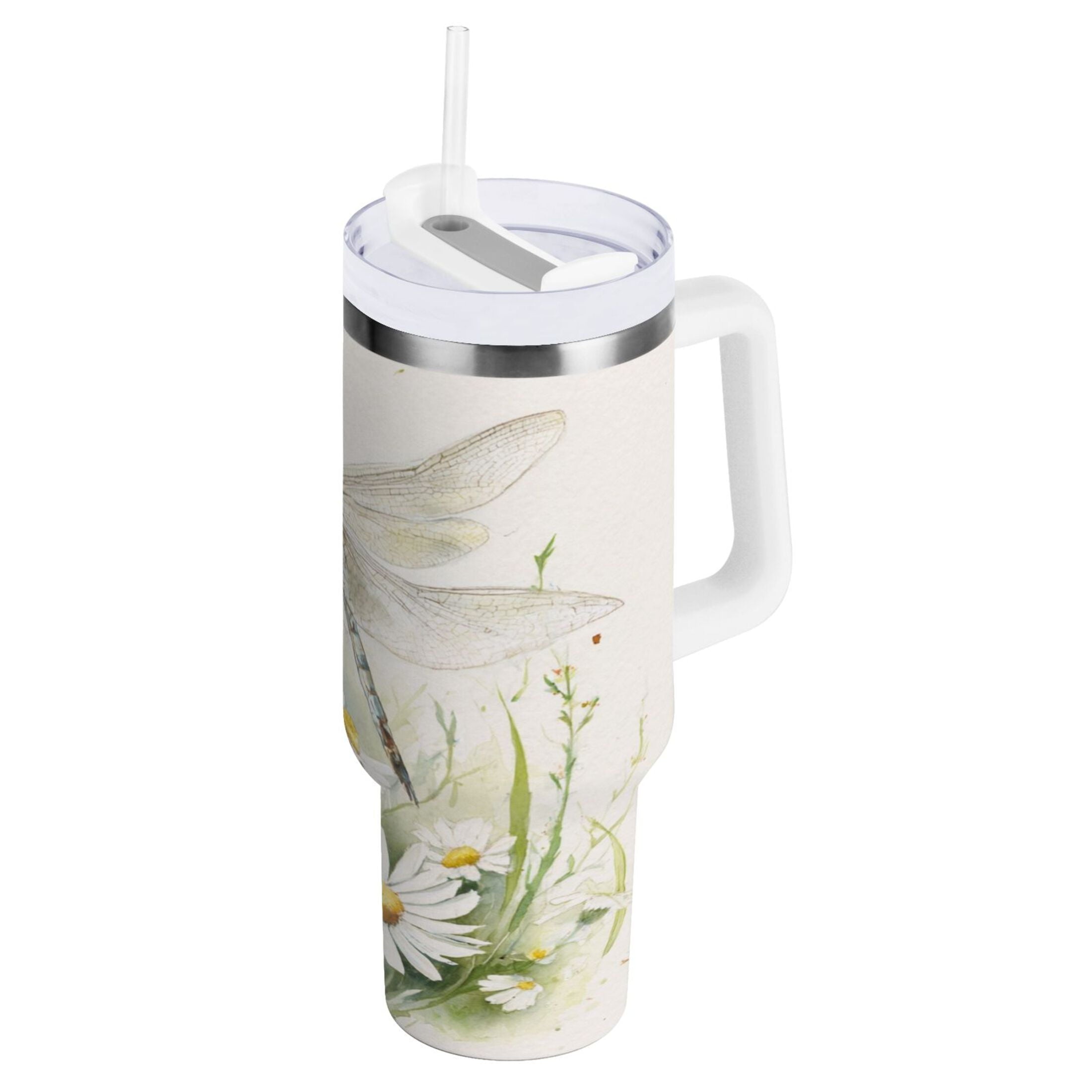 30 oz Insulated Stainless Steel Tumbler Double Wall Stainless Steel Tumbler with 2-Way Drinking Dragonflies with White Daisies Edition-EJMT