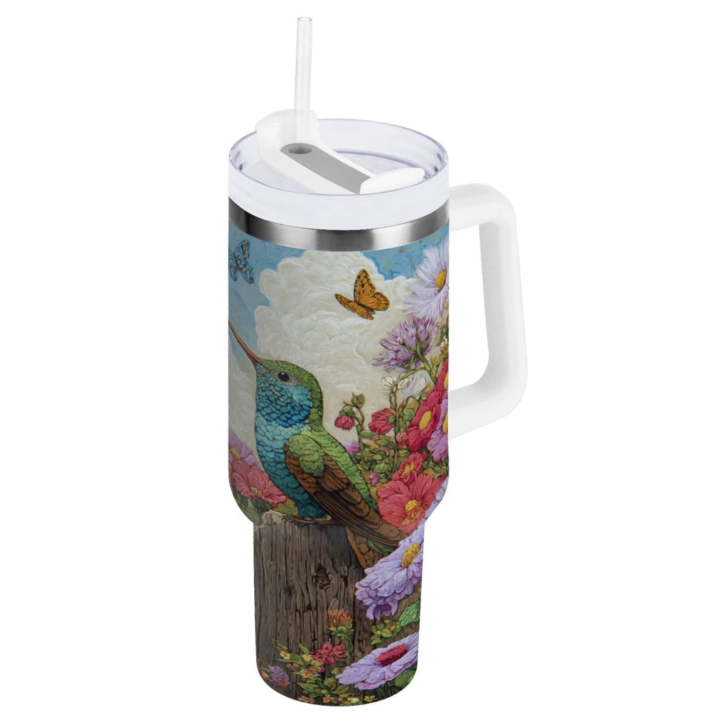 30 oz Insulated Stainless Steel Tumbler Double Wall Stainless Steel Tumbler with 2-Way Drinking Hummingbirds and Flowers Edition-4ZL0