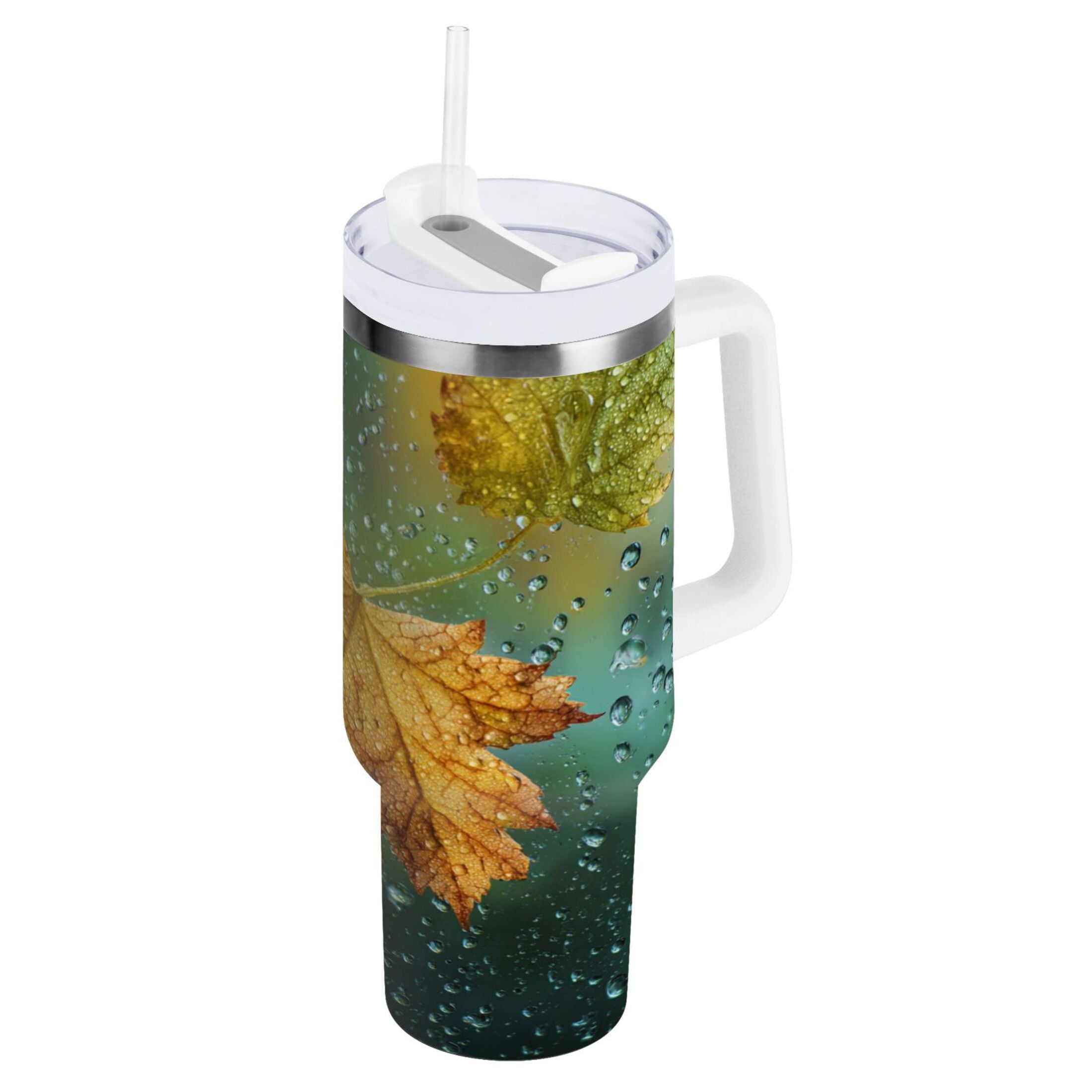30 oz Insulated Stainless Steel Tumbler Double Wall Stainless Steel Tumbler with 2-Way Drinking Leaves with Water Droplets Edition-4Z0Q