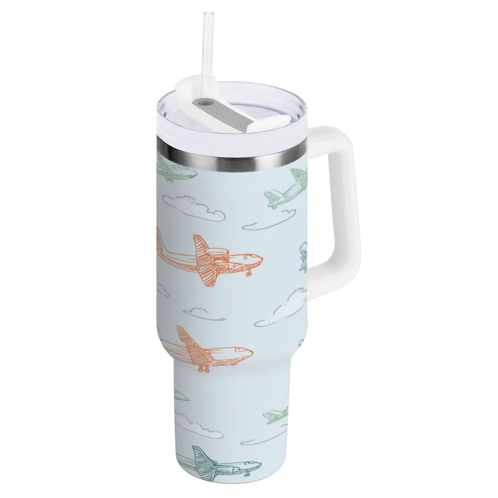 30 oz Insulated Stainless Steel Tumbler Double Wall Stainless Steel Tumbler with 2-Way Drinking Pastel Doodle Airplanes Edition-IB23