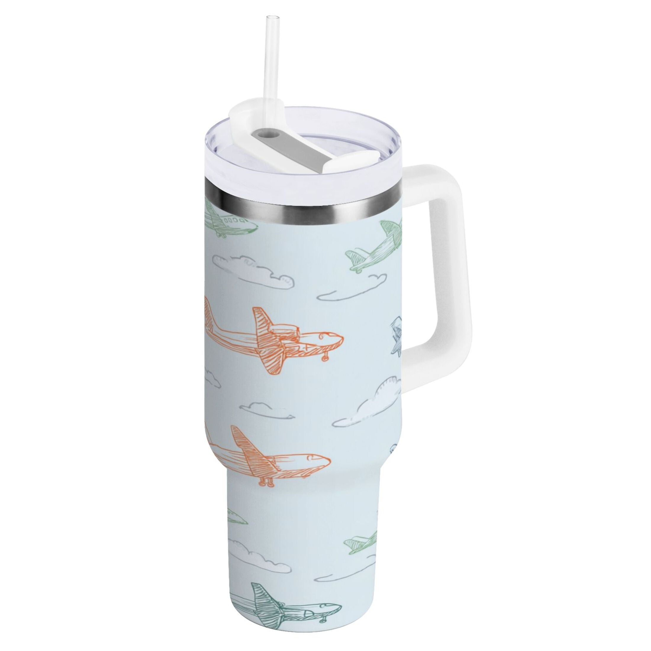 30 oz Insulated Stainless Steel Tumbler Double Wall Stainless Steel Tumbler with 2-Way Drinking Pastel Doodle Airplanes Edition-IB23