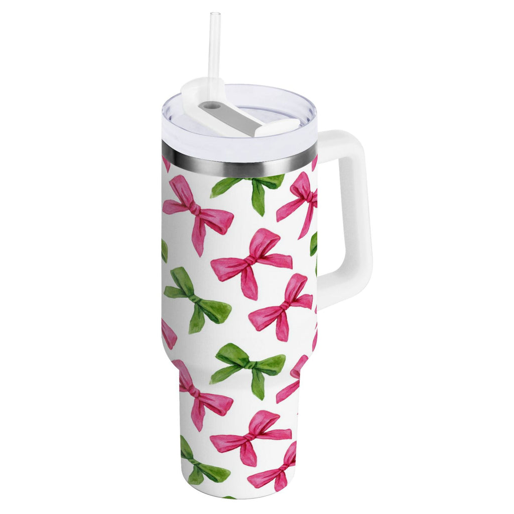 30 oz Insulated Stainless Steel Tumbler Double Wall Stainless Steel Tumbler with 2-Way Drinking Pink Bows and Green Ribbons Edition-SBOP
