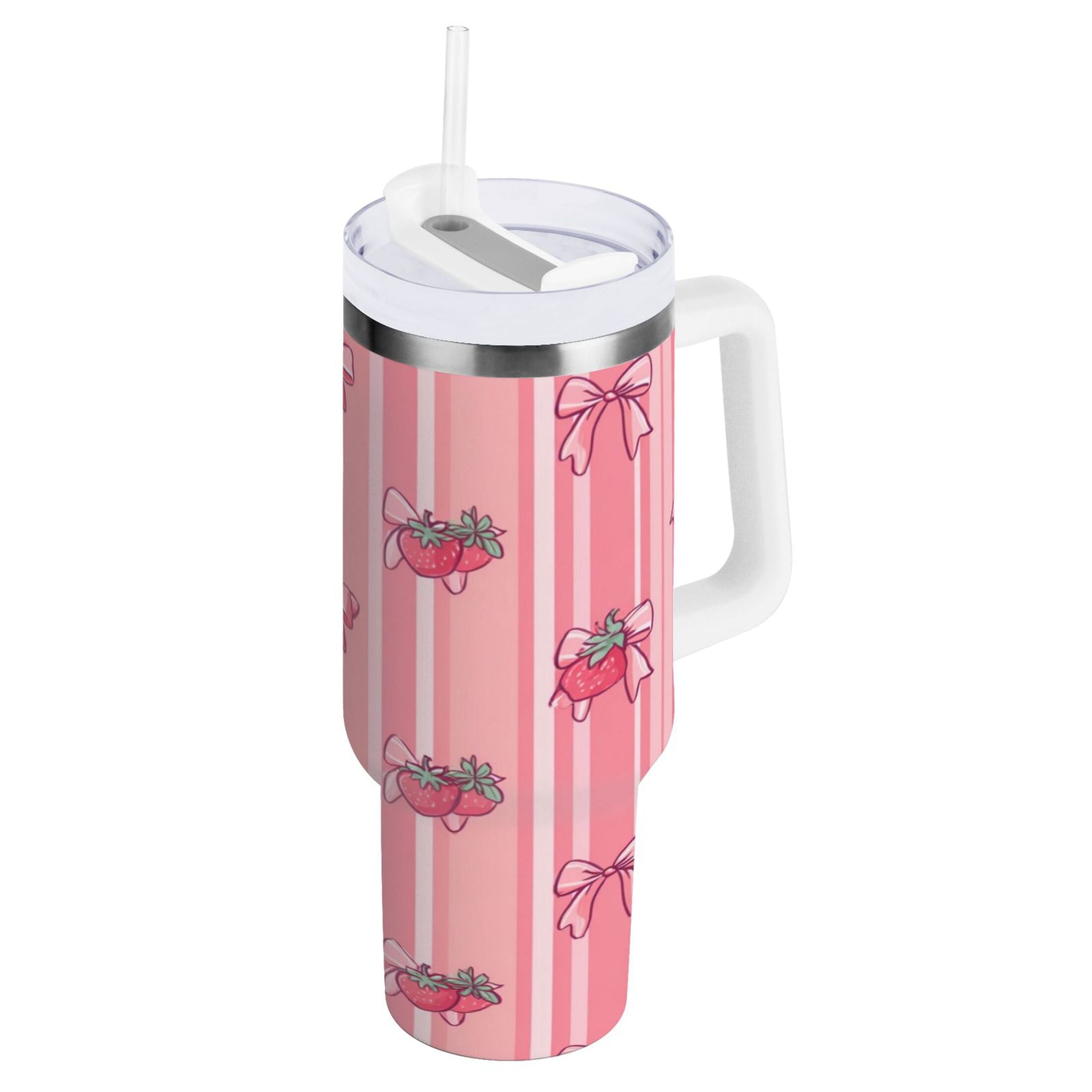 30 oz Insulated Stainless Steel Tumbler Double Wall Stainless Steel Tumbler with 2-Way Drinking Pink Bows and Strawberries Edition-BMYI