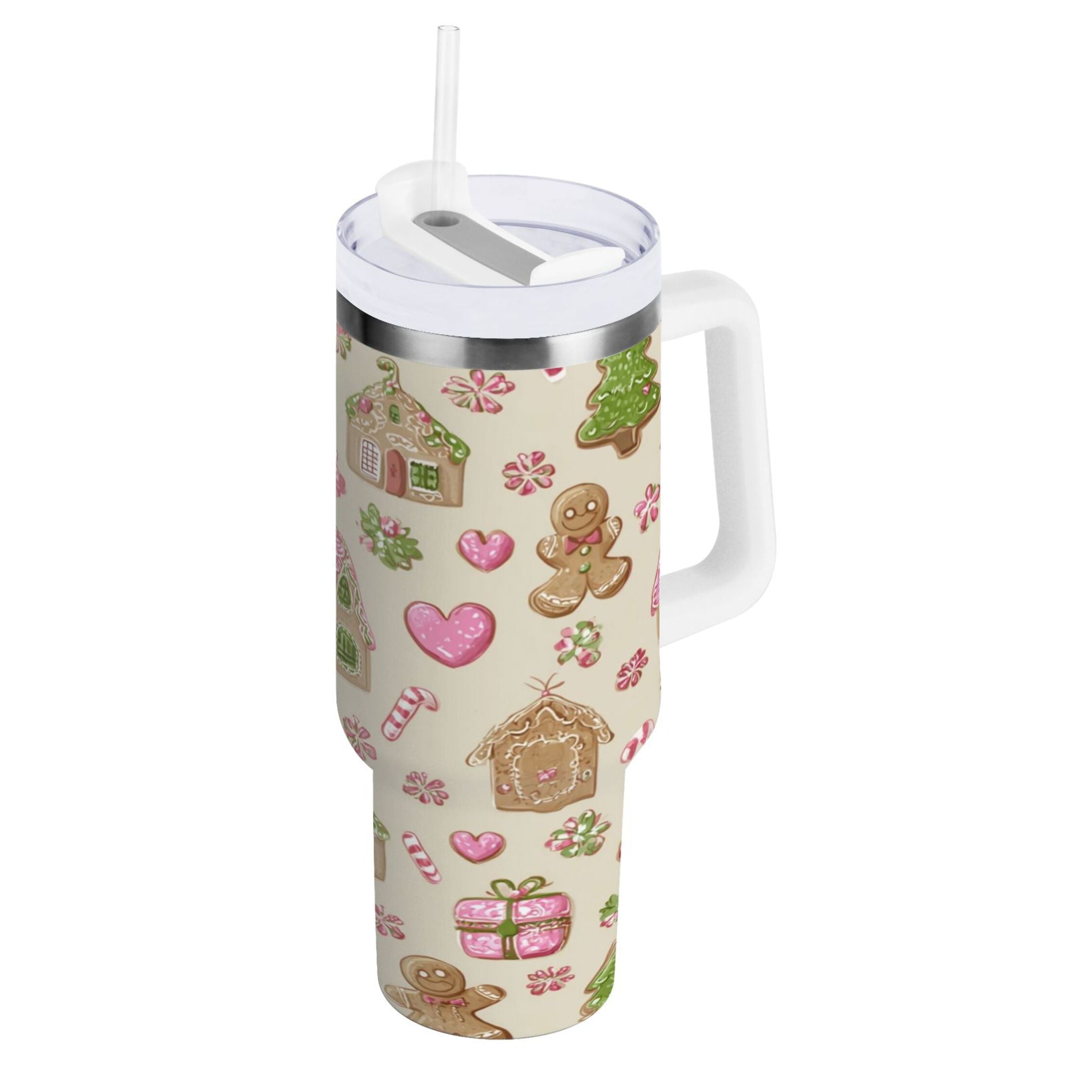 40 oz Insulated Stainless Steel Tumbler Double Wall Stainless Steel Tumbler with 2-Way Drinking Pink Cute Christmas Pattern Edition-Y59P