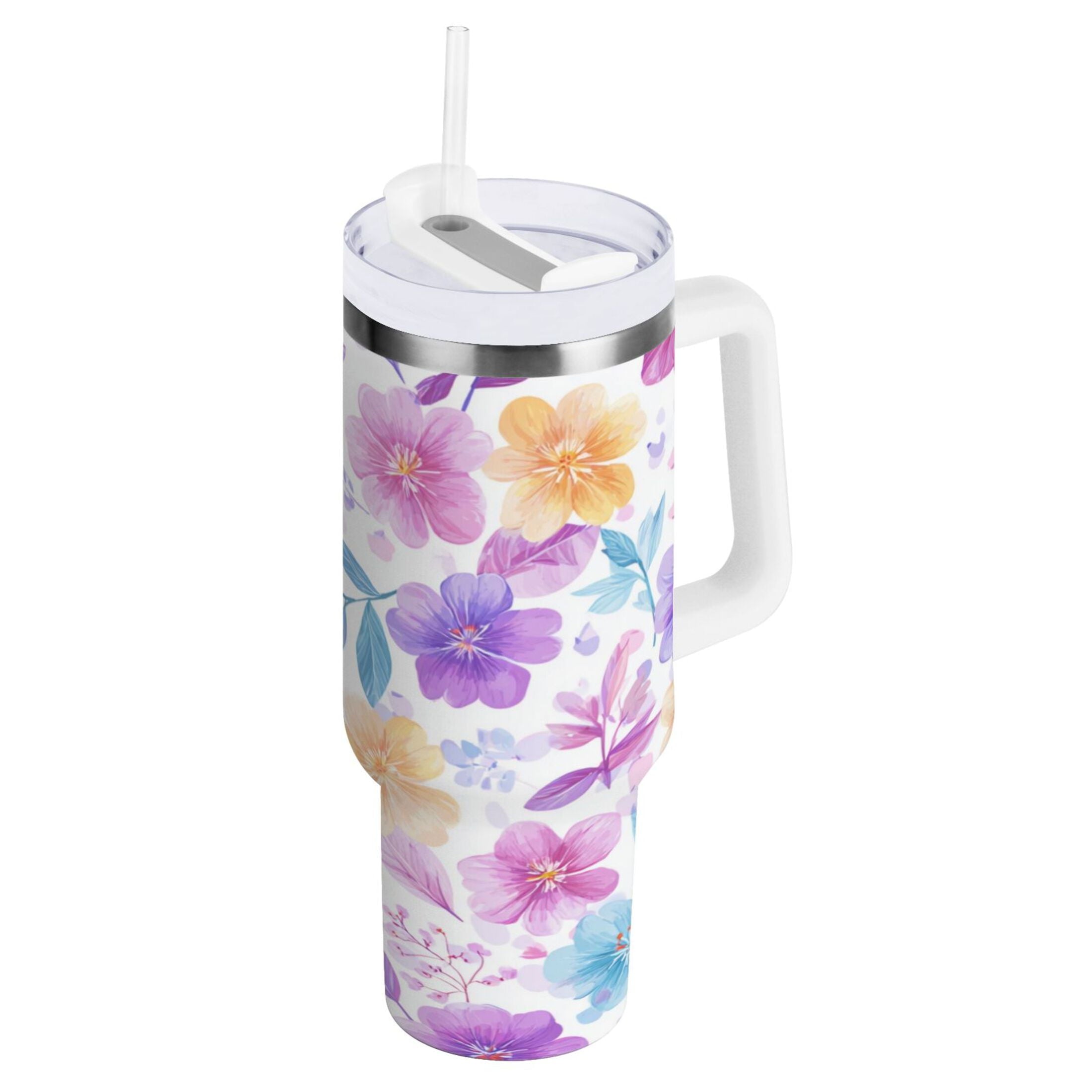 30 oz Insulated Stainless Steel Tumbler Double Wall Stainless Steel Tumbler with 2-Way Drinking Pink and Purple Flowers Edition-DUZB