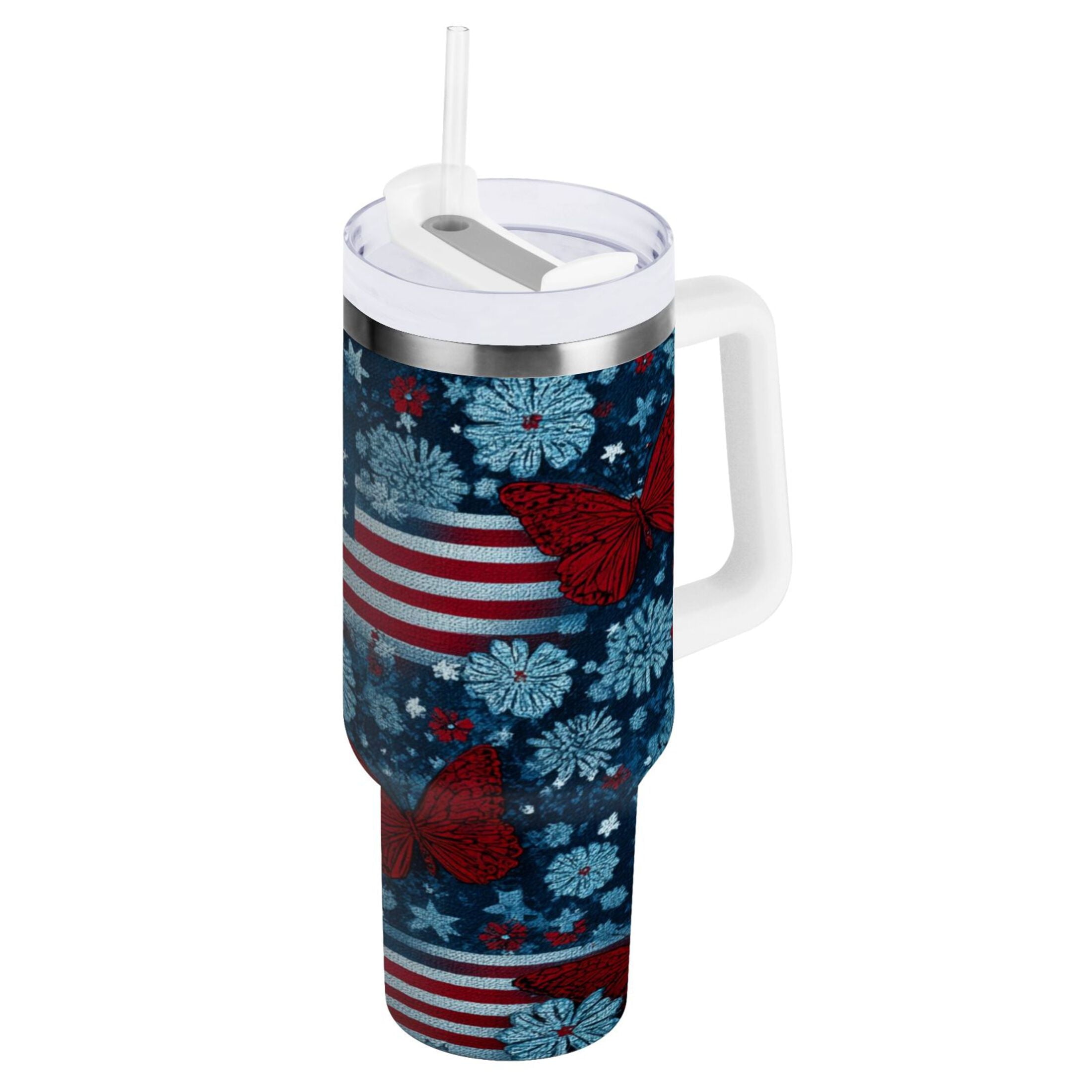 30 oz Insulated Stainless Steel Tumbler Double Wall Stainless Steel Tumbler with 2-Way Drinking Red Butterflies and Flags Edition-8NJA