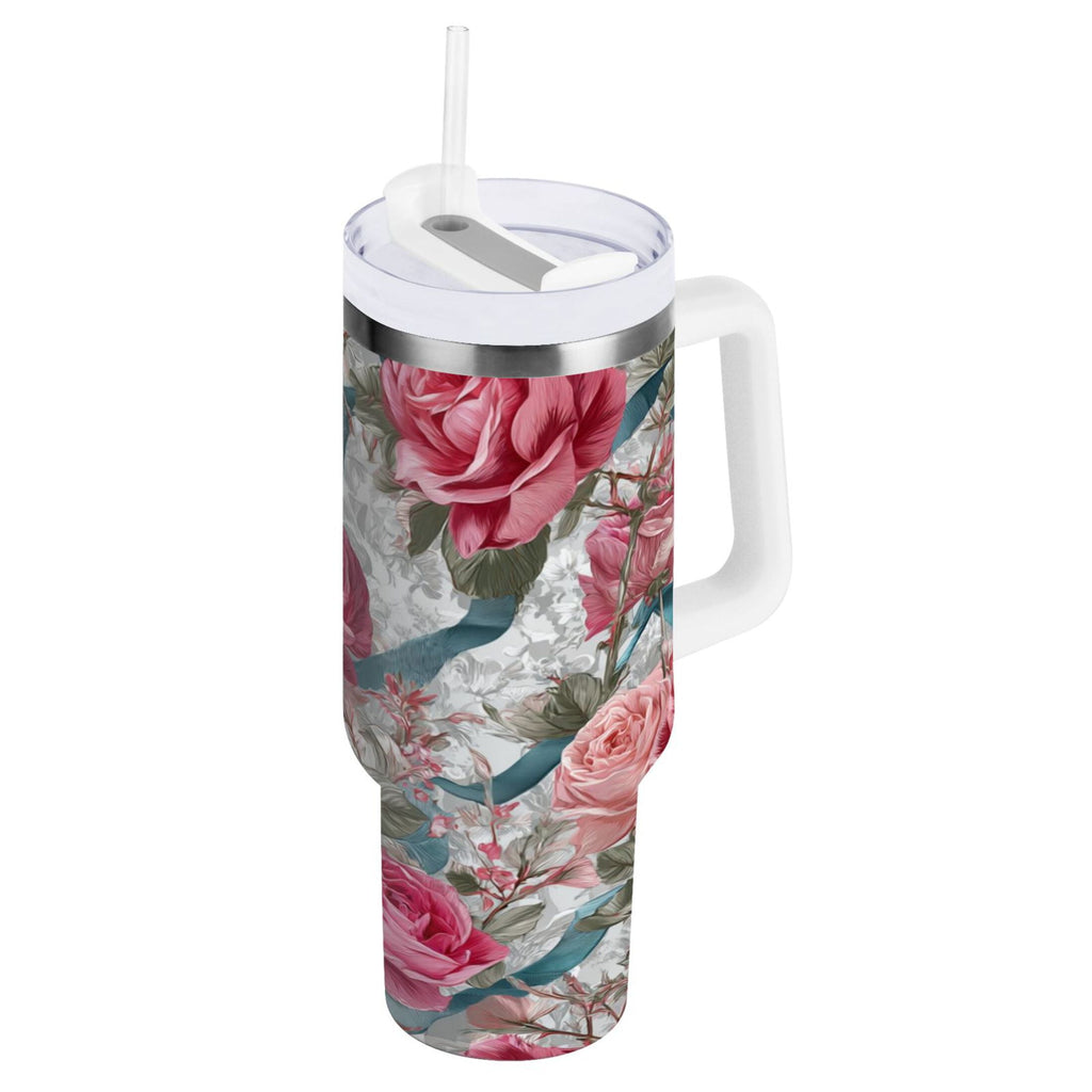 30 oz Insulated Stainless Steel Tumbler Double Wall Stainless Steel Tumbler with 2-Way Drinking Roses and Ribbons Edition-JE1H