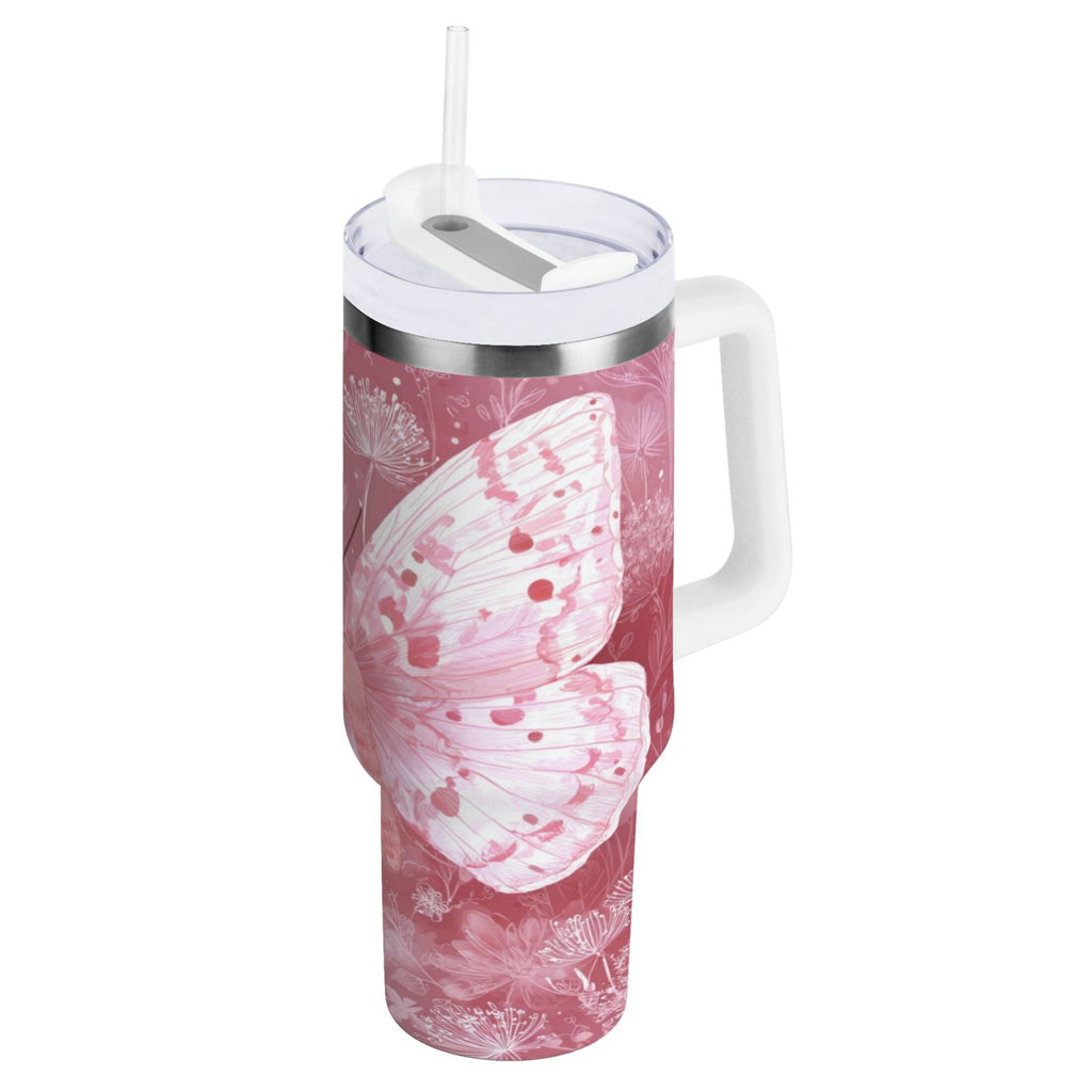 30 oz Insulated Stainless Steel Tumbler Double Wall Stainless Steel Tumbler with 2-Way Drinking Soft Pink Butterfly Edition-O9JJ