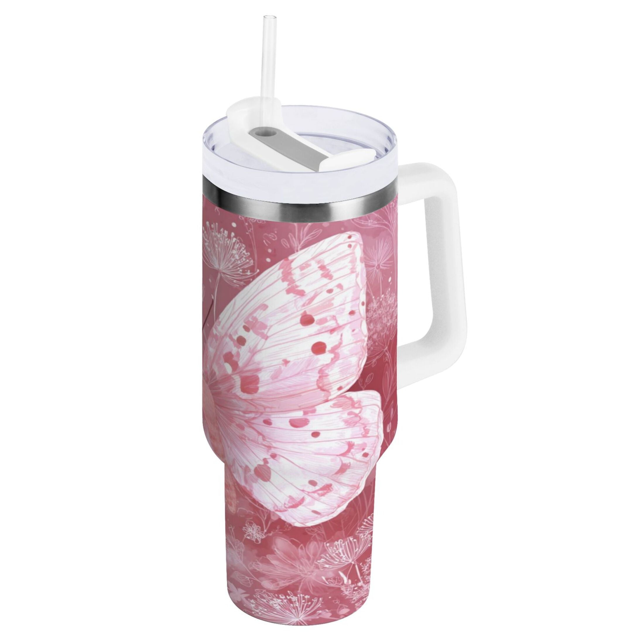 30 oz Insulated Stainless Steel Tumbler Double Wall Stainless Steel Tumbler with 2-Way Drinking Soft Pink Butterfly Edition-O9JJ