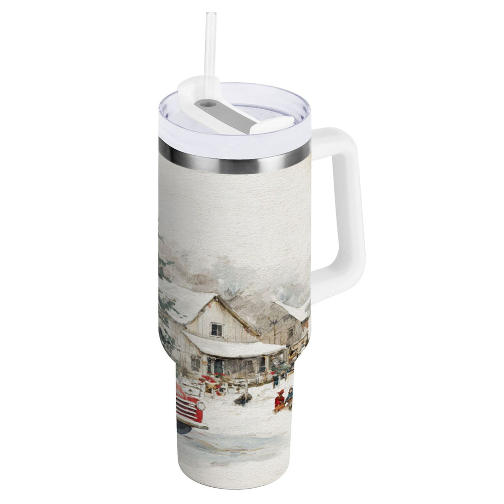 30 oz Insulated Stainless Steel Tumbler Double Wall Stainless Steel Tumbler with 2-Way Drinking Truck with Christmas Decorations Edition-KHYS