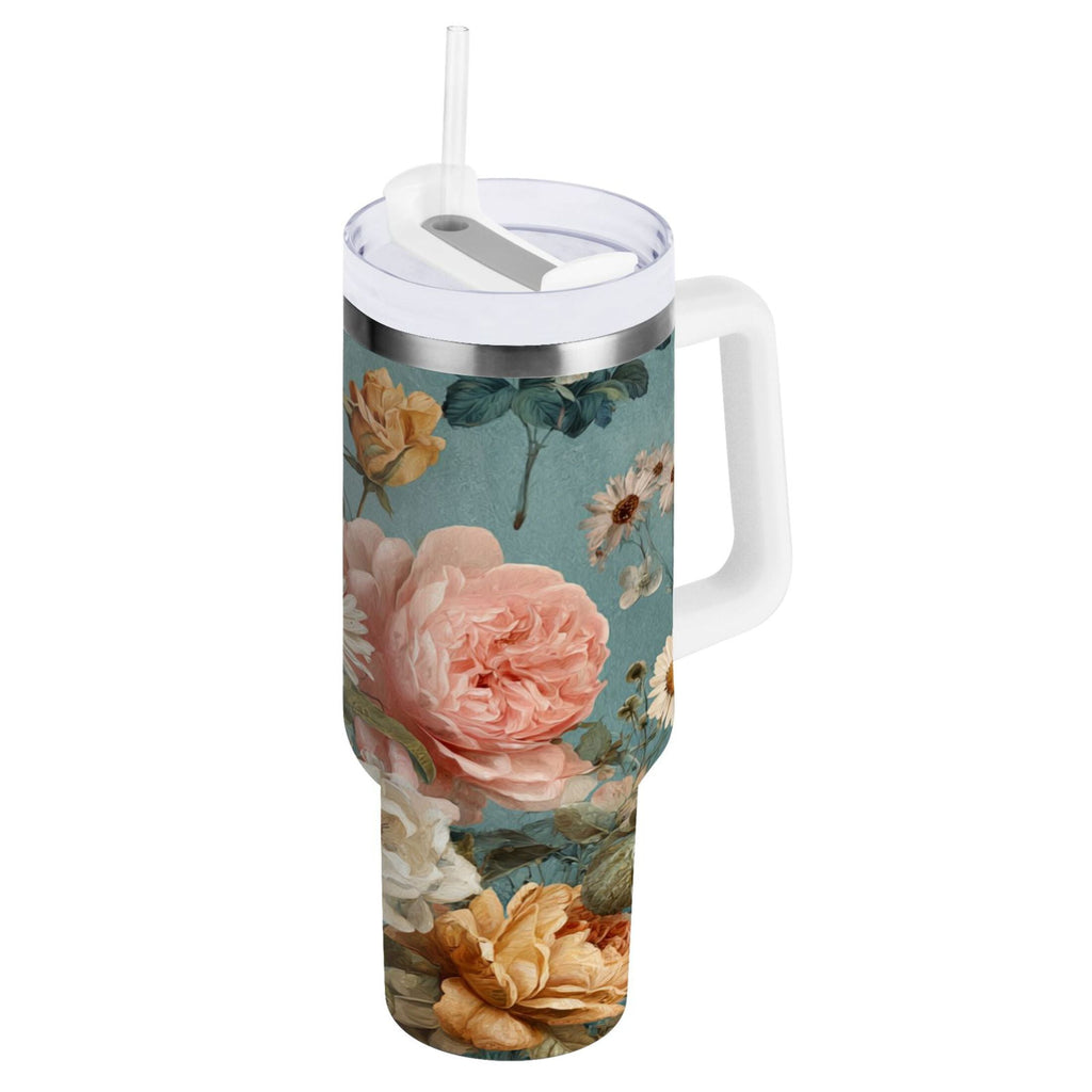 30 oz Insulated Stainless Steel Tumbler Double Wall Stainless Steel Tumbler with 2-Way Drinking Vintage Roses and Peonies Edition-I8MW