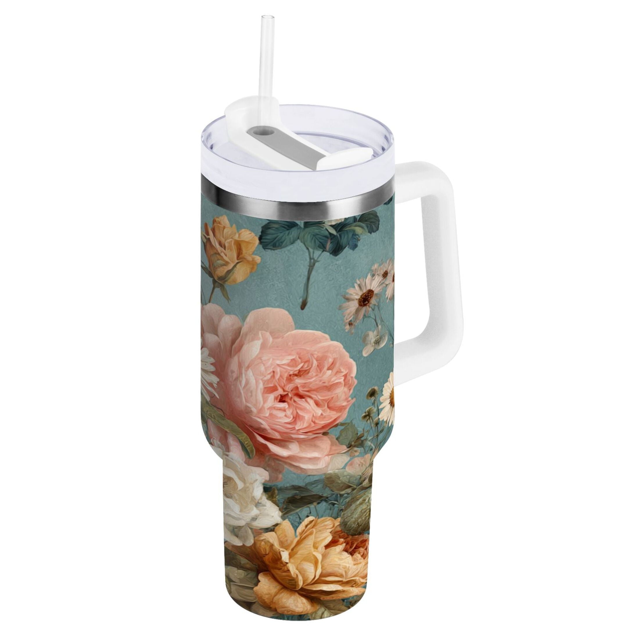 30 oz Insulated Stainless Steel Tumbler Double Wall Stainless Steel Tumbler with 2-Way Drinking Vintage Roses and Peonies Edition-I8MW