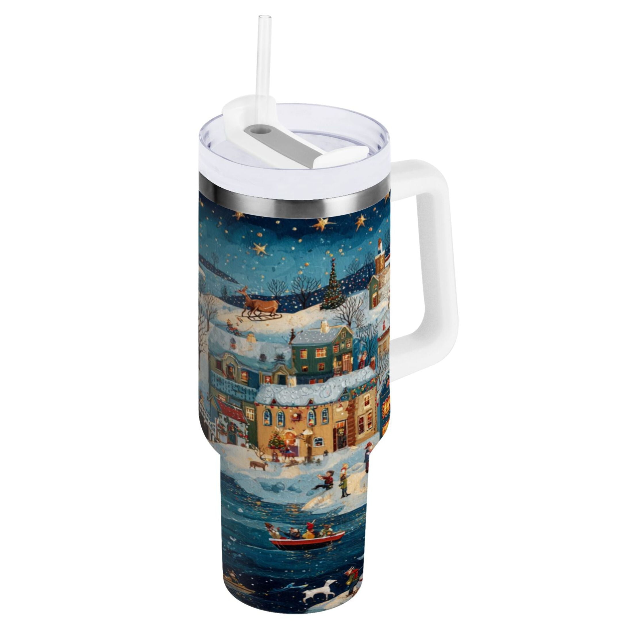 30 oz Insulated Stainless Steel Tumbler Double Wall Stainless Steel Tumbler with 2-Way Drinking Whimsical Christmas Scene Edition-NG7S