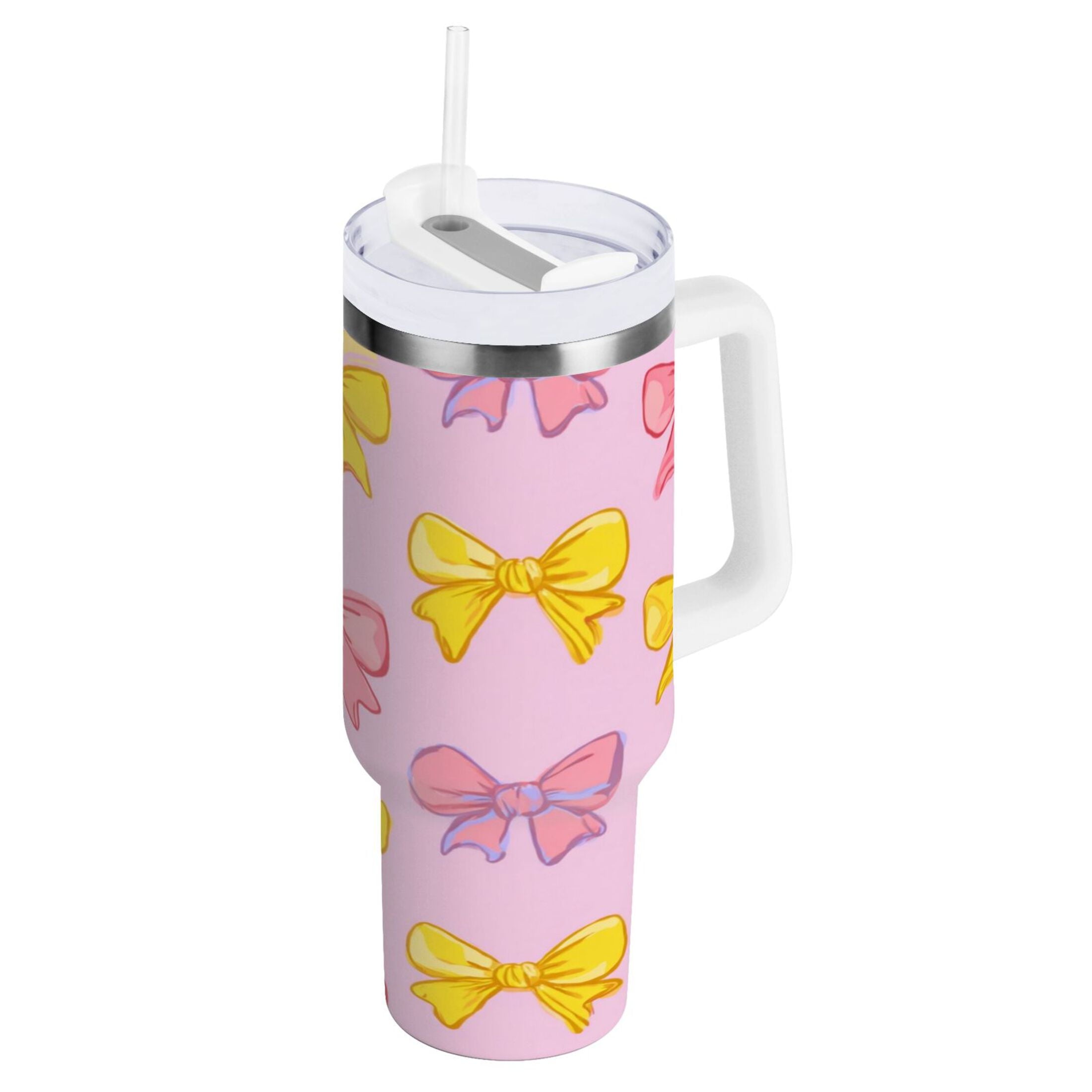 30 oz Insulated Stainless Steel Tumbler Double Wall Stainless Steel Tumbler with 2-Way Drinking Yellow and Pink Bows Edition-IK82