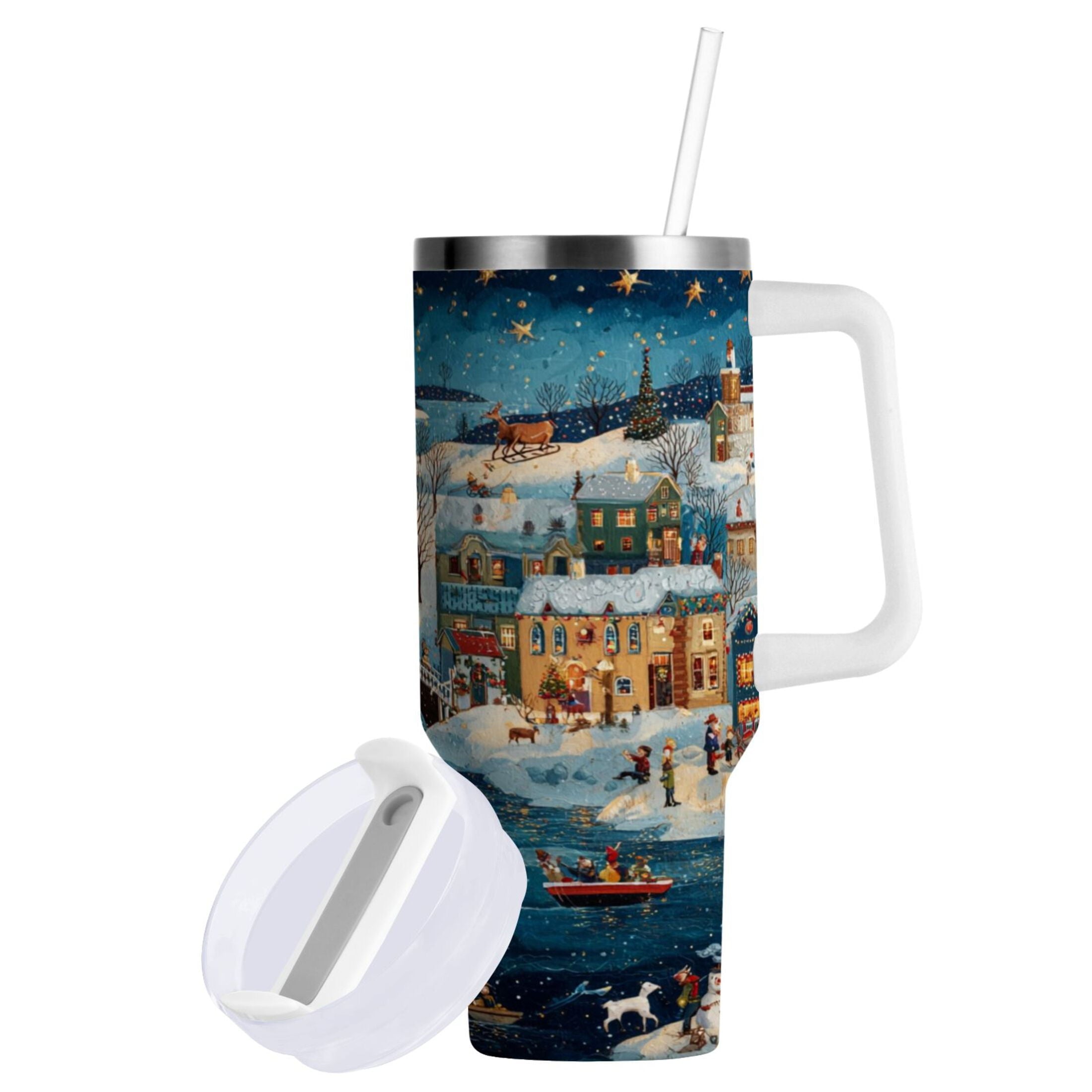 30 oz Insulated Stainless Steel Tumbler Double Wall Stainless Steel Tumbler with 2-Way Drinking Whimsical Christmas Scene Edition-NG7S