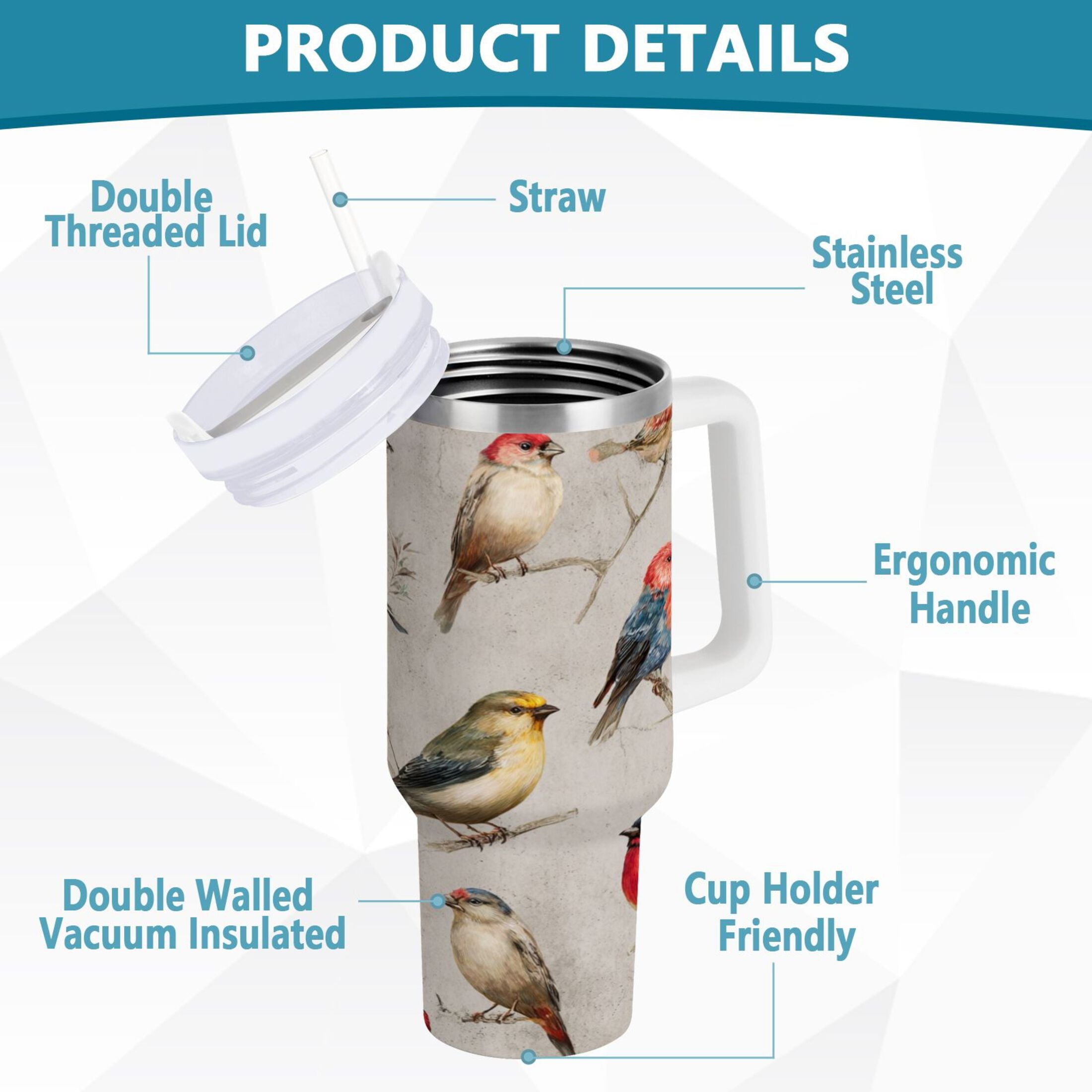 40 oz Insulated Stainless Steel Tumbler Double Wall Stainless Steel Tumbler with 2-Way Drinking Birds Pattern Edition-O1QE