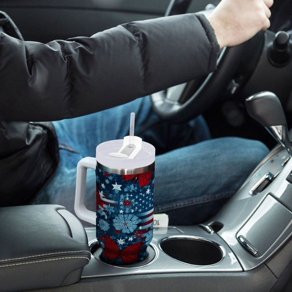 30 oz Insulated Stainless Steel Tumbler Double Wall Stainless Steel Tumbler with 2-Way Drinking Red Butterflies and Flags Edition-8NJA
