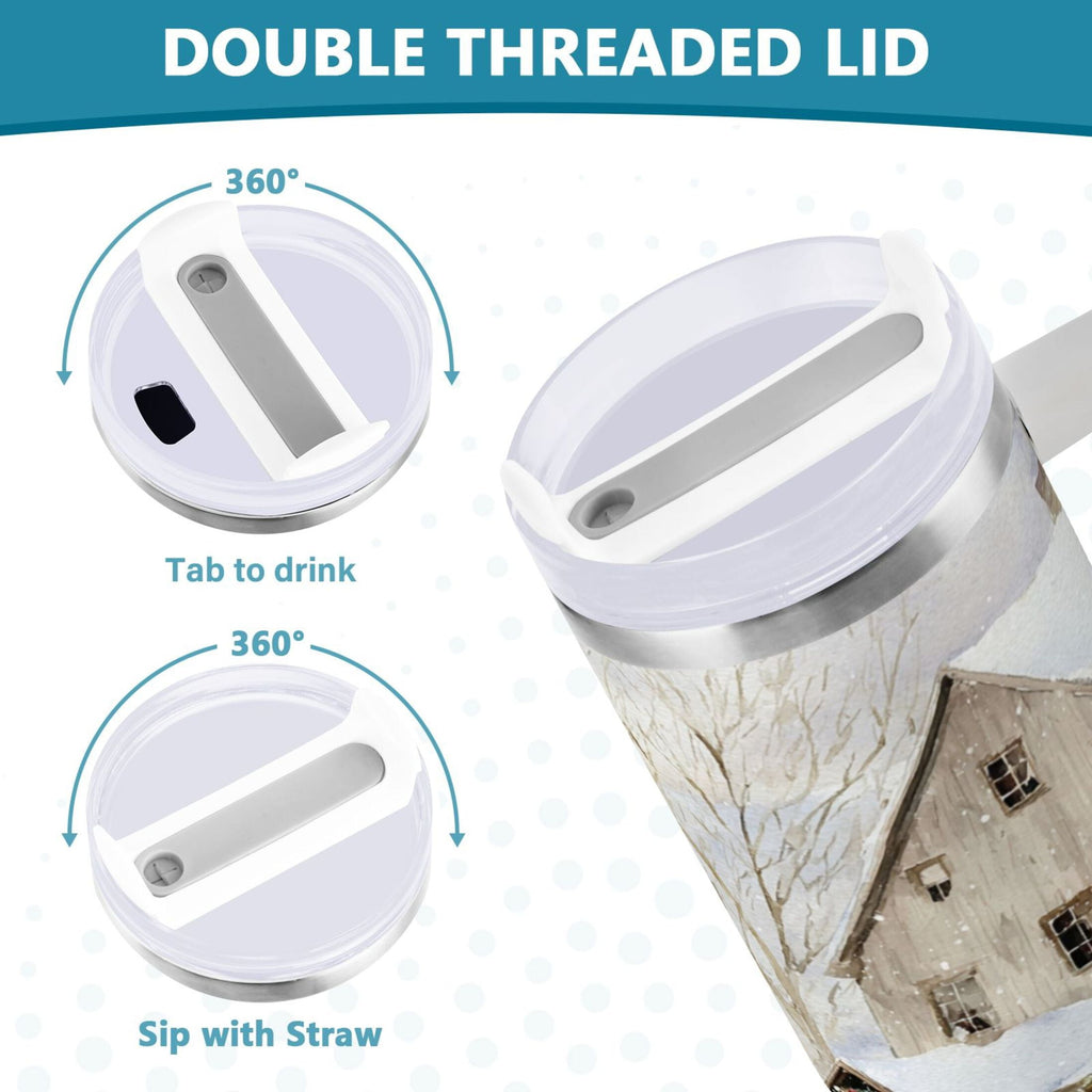 40 oz Insulated Stainless Steel Tumbler Double Wall Stainless Steel Tumbler with 2-Way Drinking Farm Snow Scene Edition-R2SL