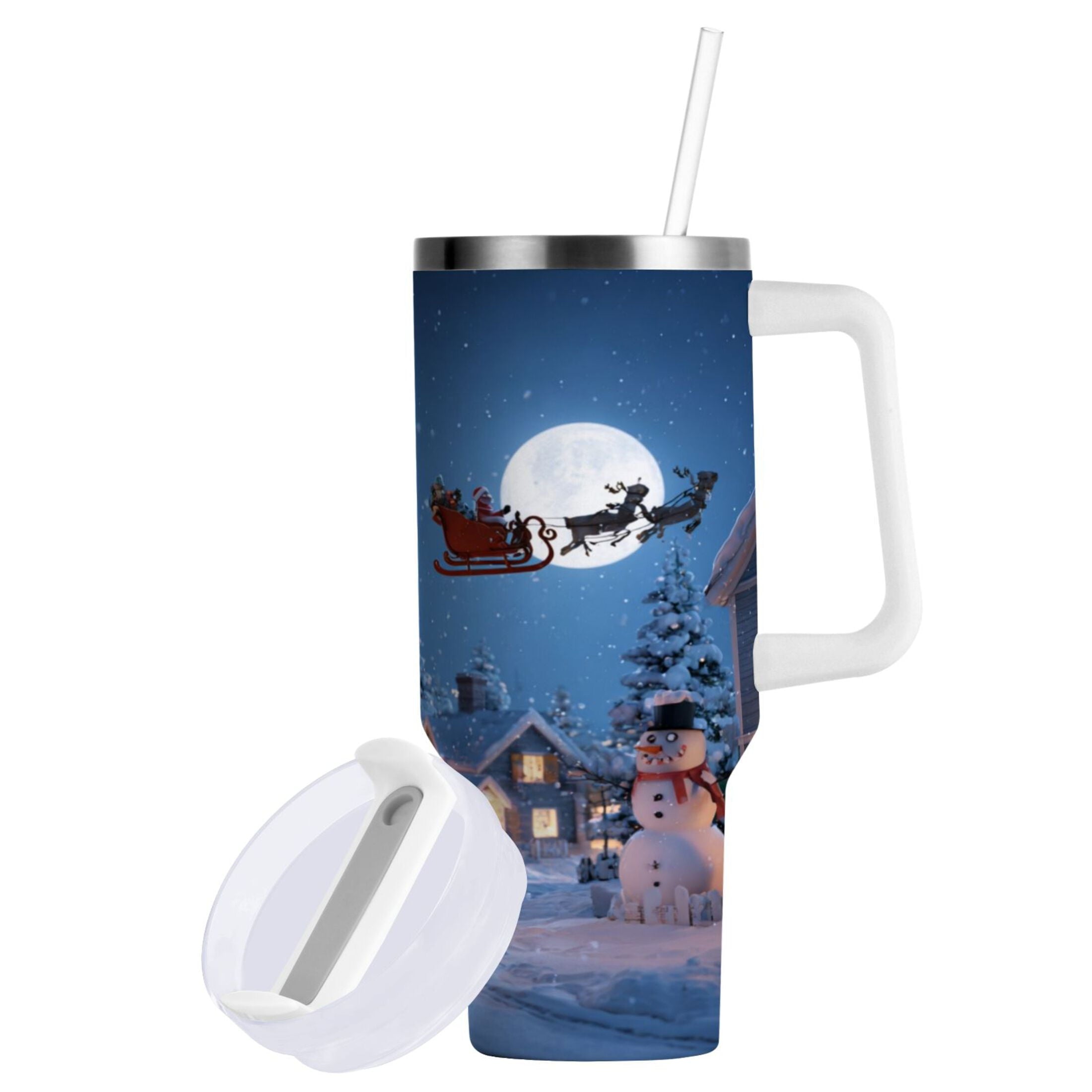 30 oz Insulated Stainless Steel Tumbler Double Wall Stainless Steel Tumbler with 2-Way Drinking Christmas Night Scene Edition-3V9N
