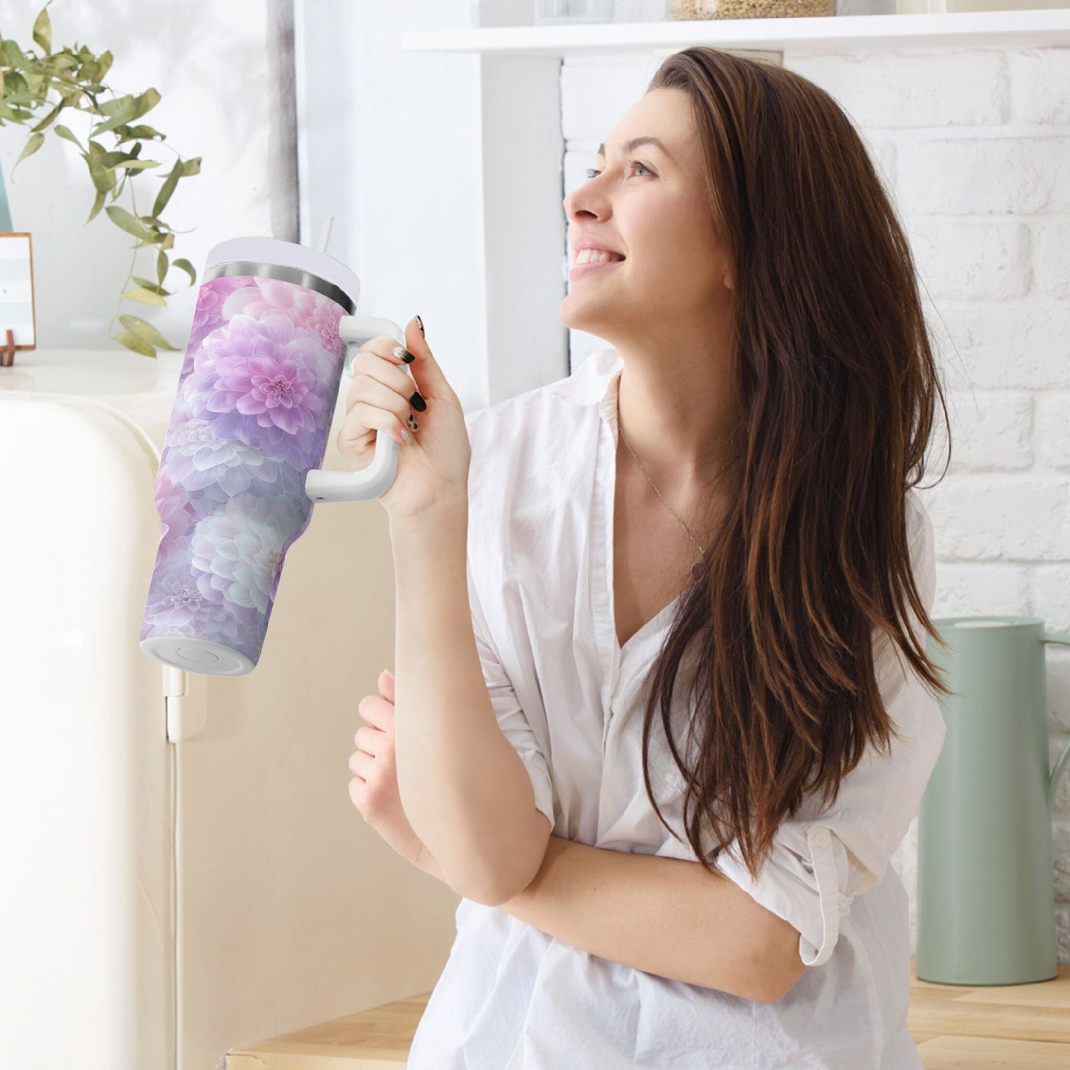 30 oz Insulated Stainless Steel Tumbler Double Wall Stainless Steel Tumbler with 2-Way Drinking Cute Pastel Watercolor Floral Edition-ZEBA