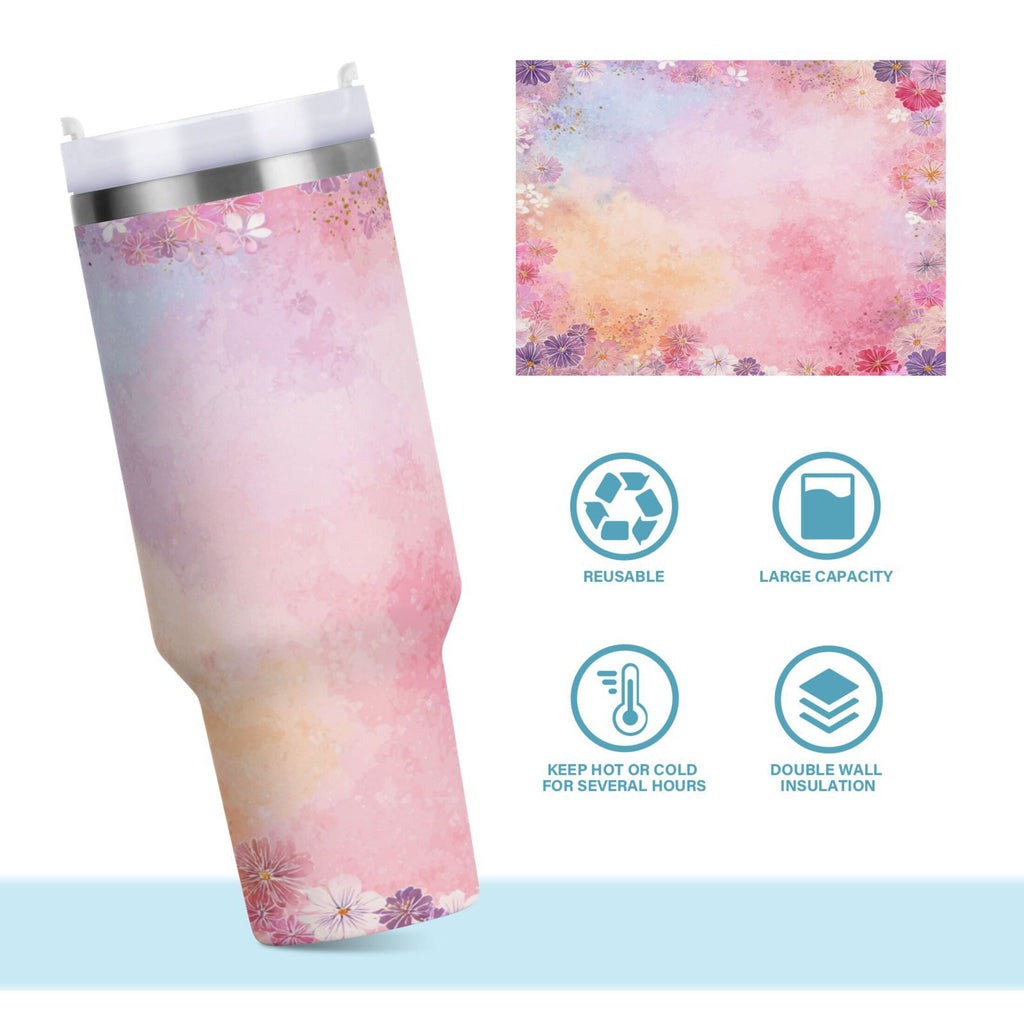 30 oz Insulated Stainless Steel Tumbler Double Wall Stainless Steel Tumbler with 2-Way Drinking Colorful Pastel Floral Pattern Edition-VFF3
