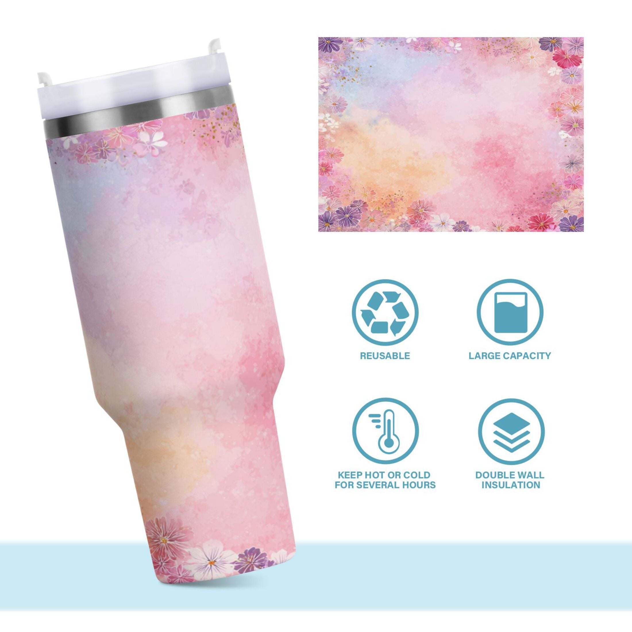 30 oz Insulated Stainless Steel Tumbler Double Wall Stainless Steel Tumbler with 2-Way Drinking Colorful Pastel Floral Pattern Edition-VFF3