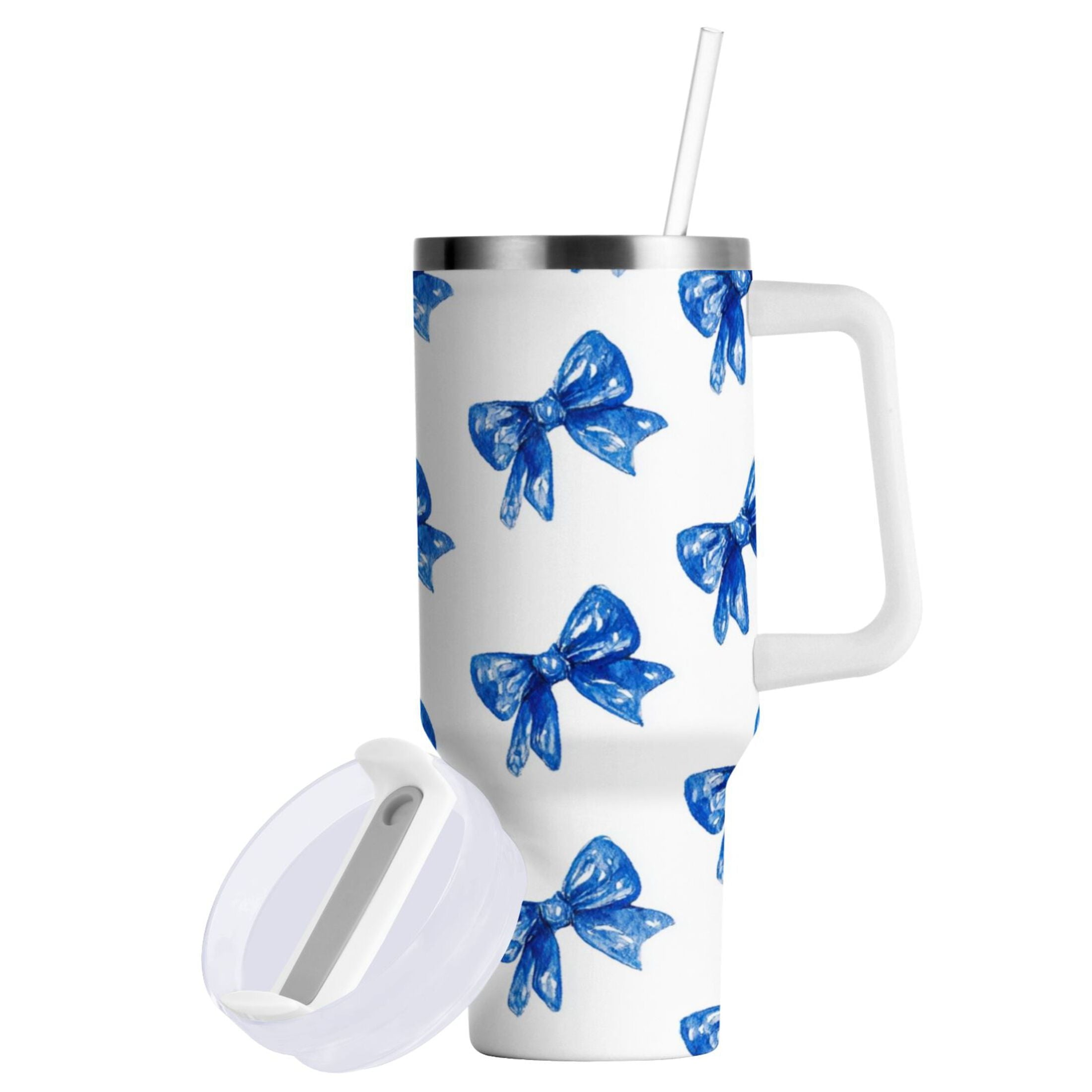 30 oz Insulated Stainless Steel Tumbler Double Wall Stainless Steel Tumbler with 2-Way Drinking Blue Bows Pattern Edition-ZCW1