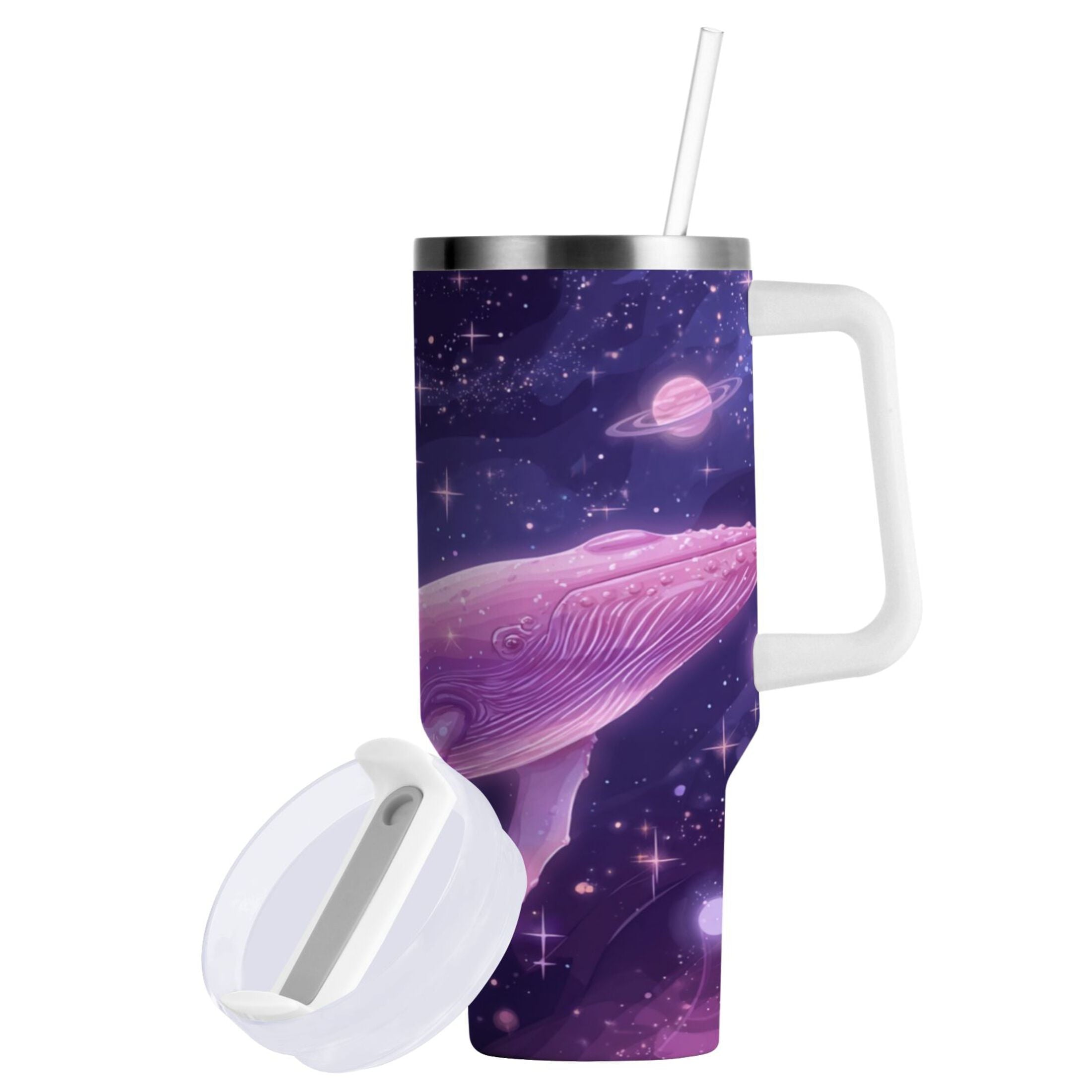 30 oz Insulated Stainless Steel Tumbler Double Wall Stainless Steel Tumbler with 2-Way Drinking Whale in Space Edition-PWO0