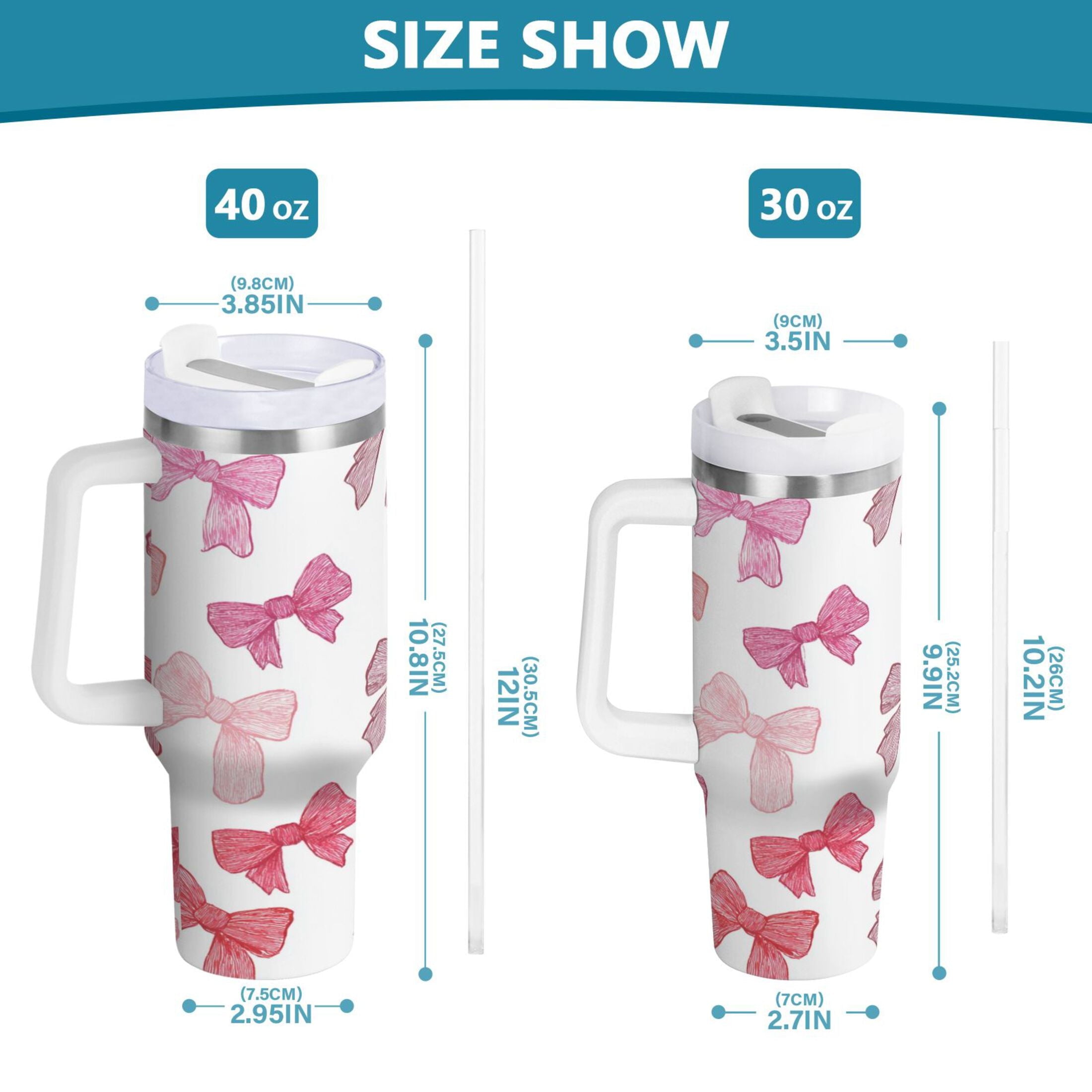 40 oz Insulated Stainless Steel Tumbler Double Wall Stainless Steel Tumbler with 2-Way Drinking Pink Bows Pattern Edition-TQX9