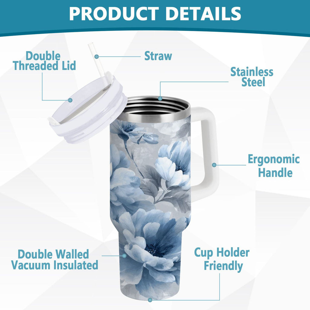40 oz Insulated Stainless Steel Tumbler Double Wall Stainless Steel Tumbler with 2-Way Drinking White Floral Pattern Edition-V2DM