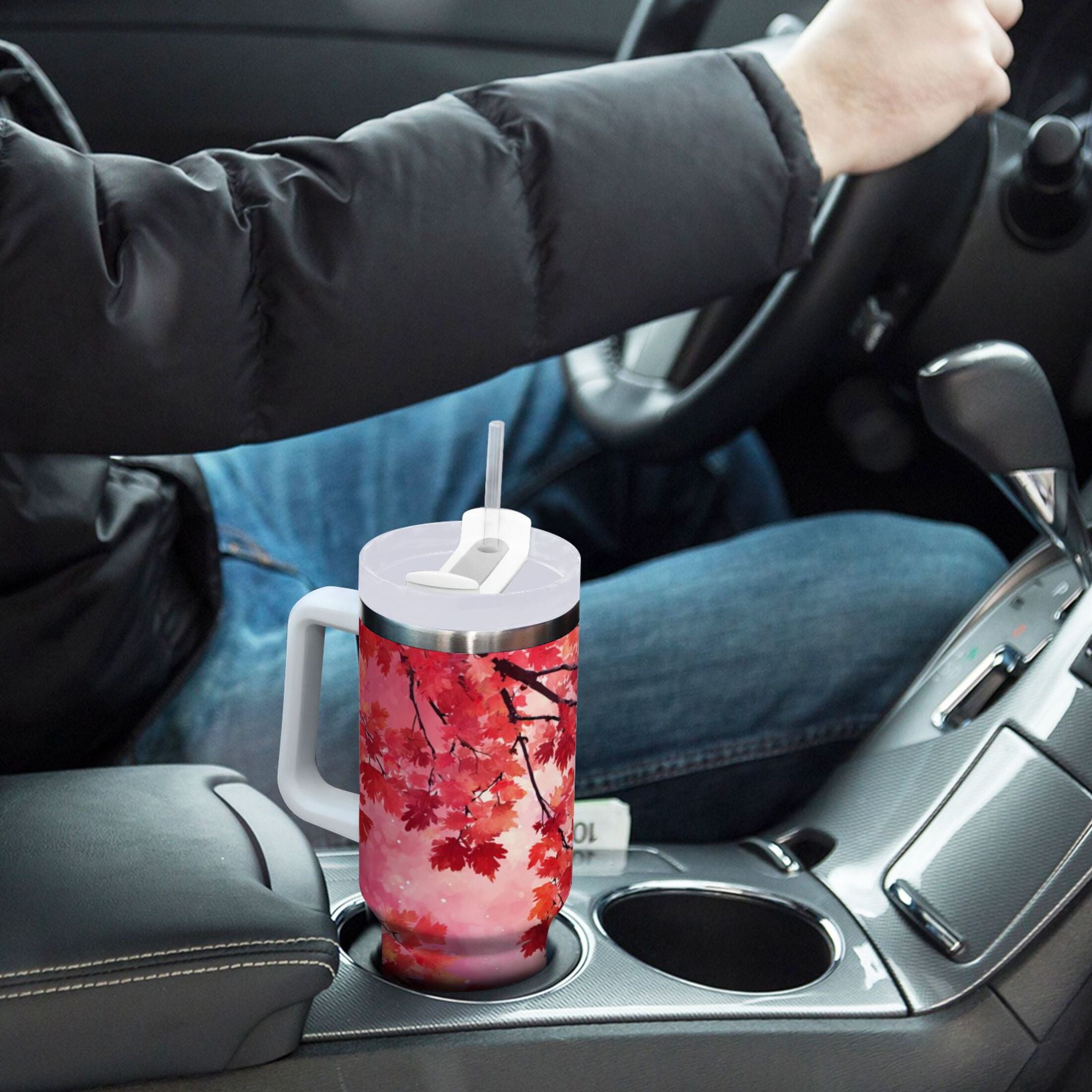 30 oz Insulated Stainless Steel Tumbler Double Wall Stainless Steel Tumbler with 2-Way Drinking Watercolor Red Maple Leaves Edition-P9J0