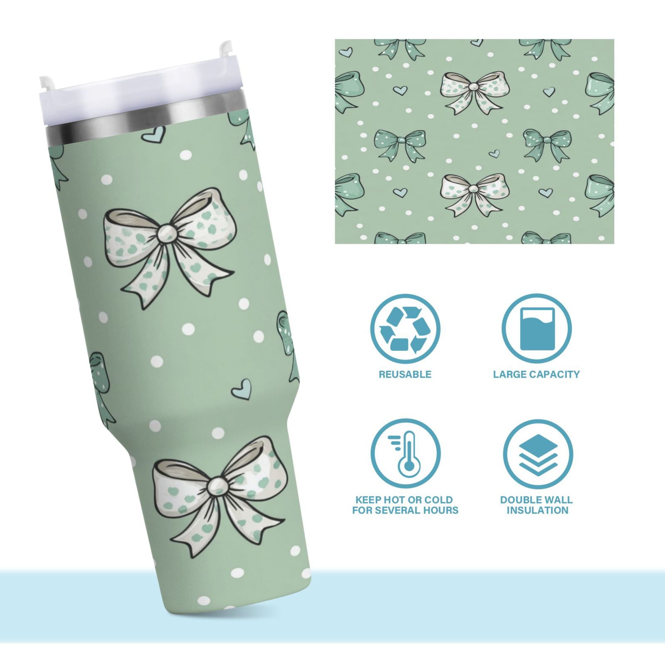 30 oz Insulated Stainless Steel Tumbler Double Wall Stainless Steel Tumbler with 2-Way Drinking Green and Mint Bows Edition-3P3X