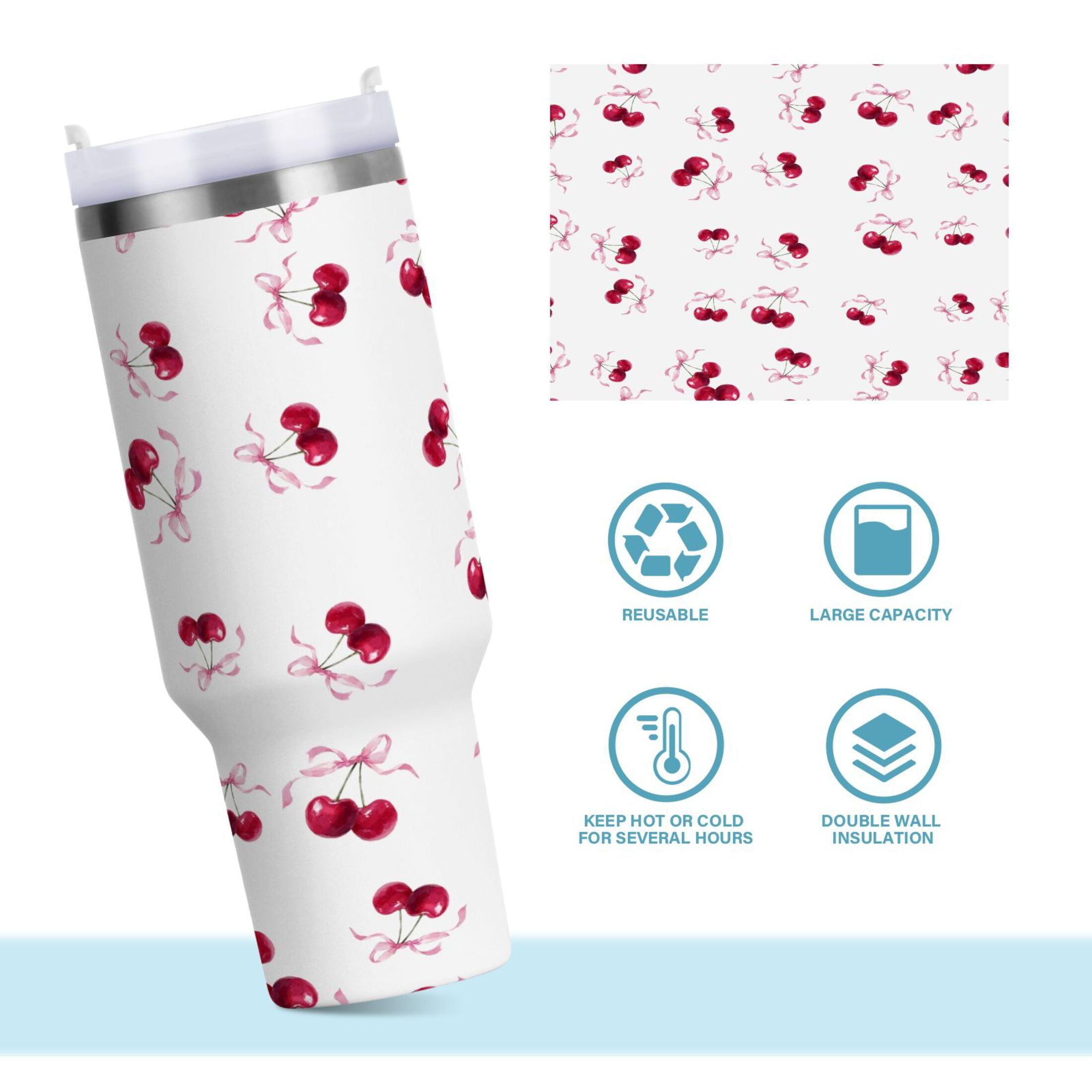 30 oz Insulated Stainless Steel Tumbler Double Wall Stainless Steel Tumbler with 2-Way Drinking Watercolor Cherries Pattern Edition-CFP1