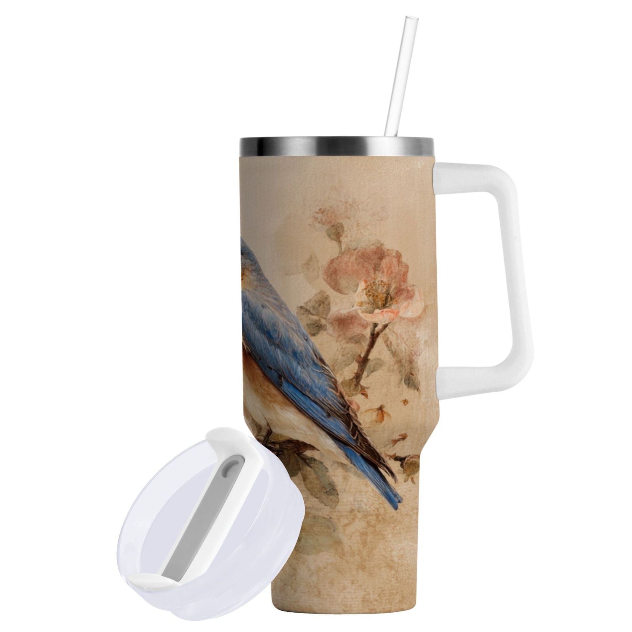 40 oz Insulated Stainless Steel Tumbler Double Wall Stainless Steel Tumbler with 2-Way Drinking Bluebird and Ancient Flowers Edition-0Z50