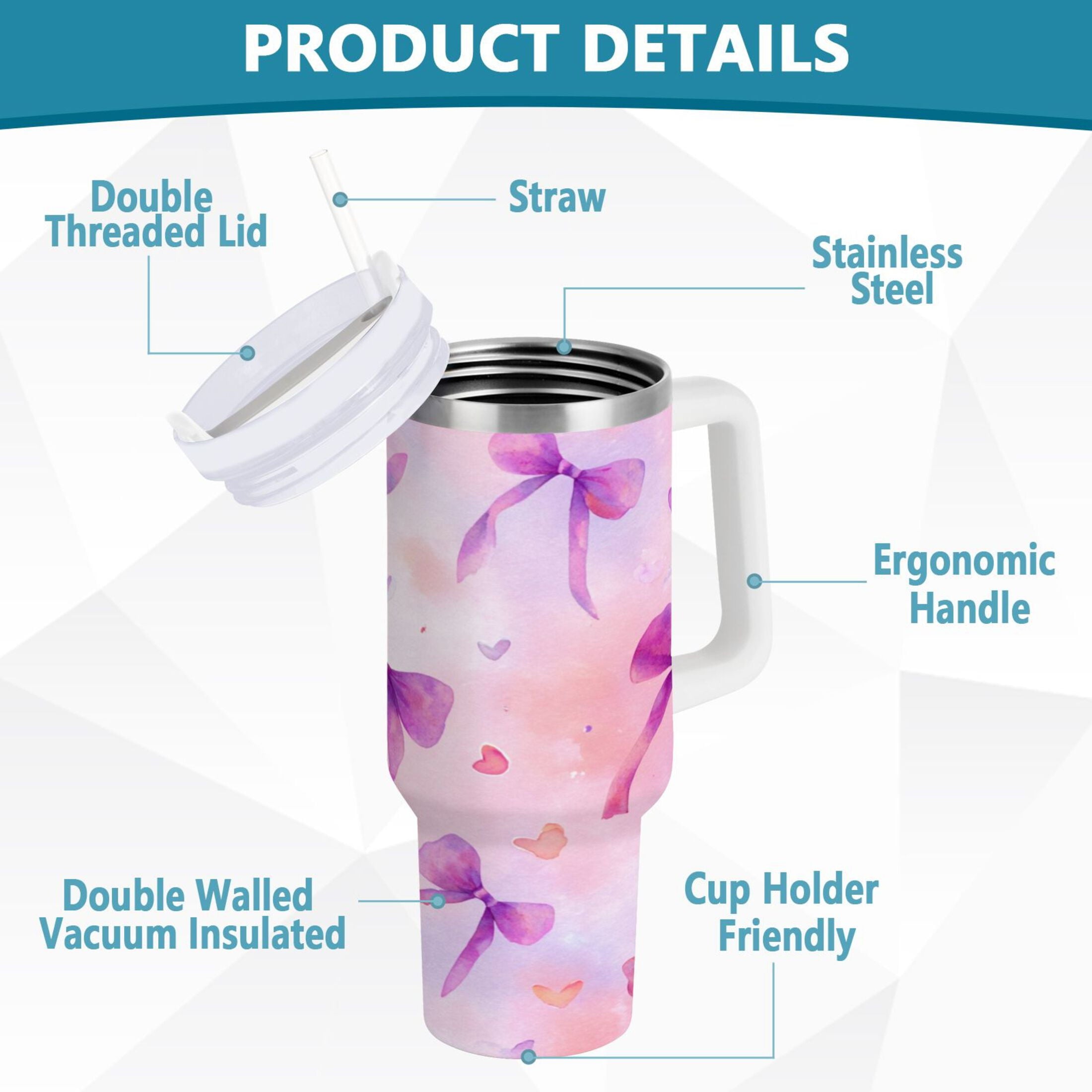 30 oz Insulated Stainless Steel Tumbler Double Wall Stainless Steel Tumbler with 2-Way Drinking Watercolor Purple Bows Edition-UW0X