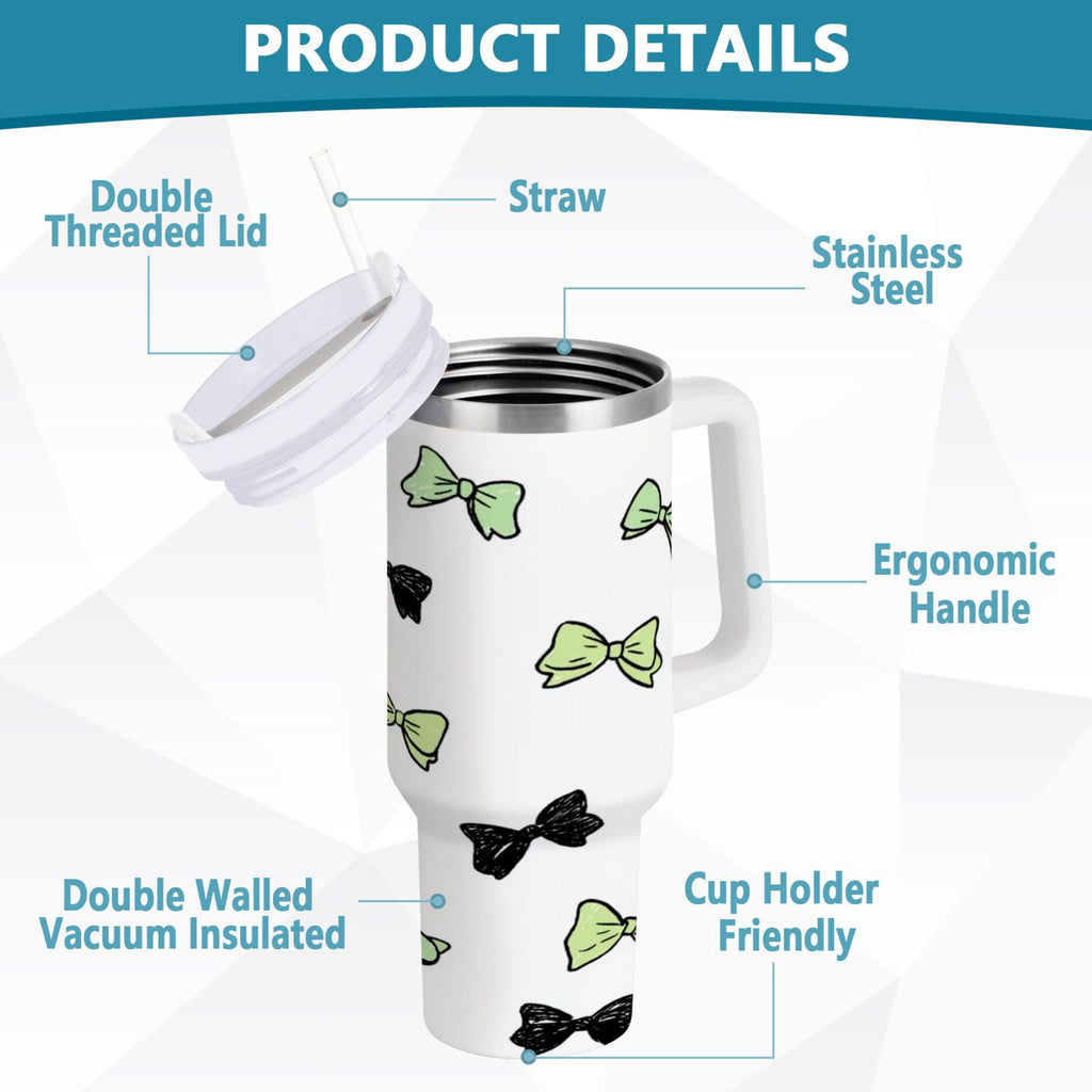40 oz Insulated Stainless Steel Tumbler Double Wall Stainless Steel Tumbler with 2-Way Drinking Green and Black Bows Edition-MYWK