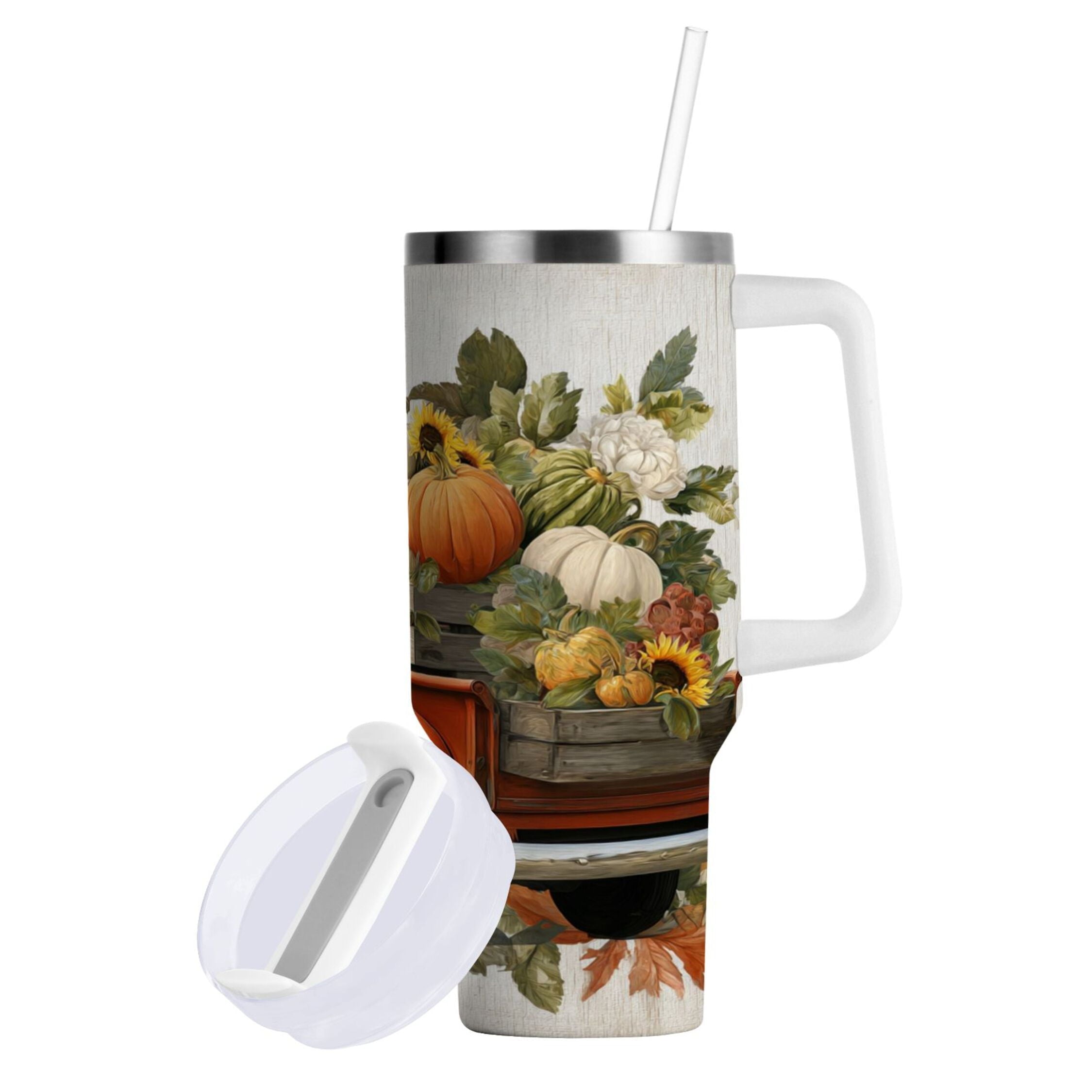 40 oz Insulated Stainless Steel Tumbler Double Wall Stainless Steel Tumbler with 2-Way Drinking Truck Full Of Pumpkins Edition-XDON