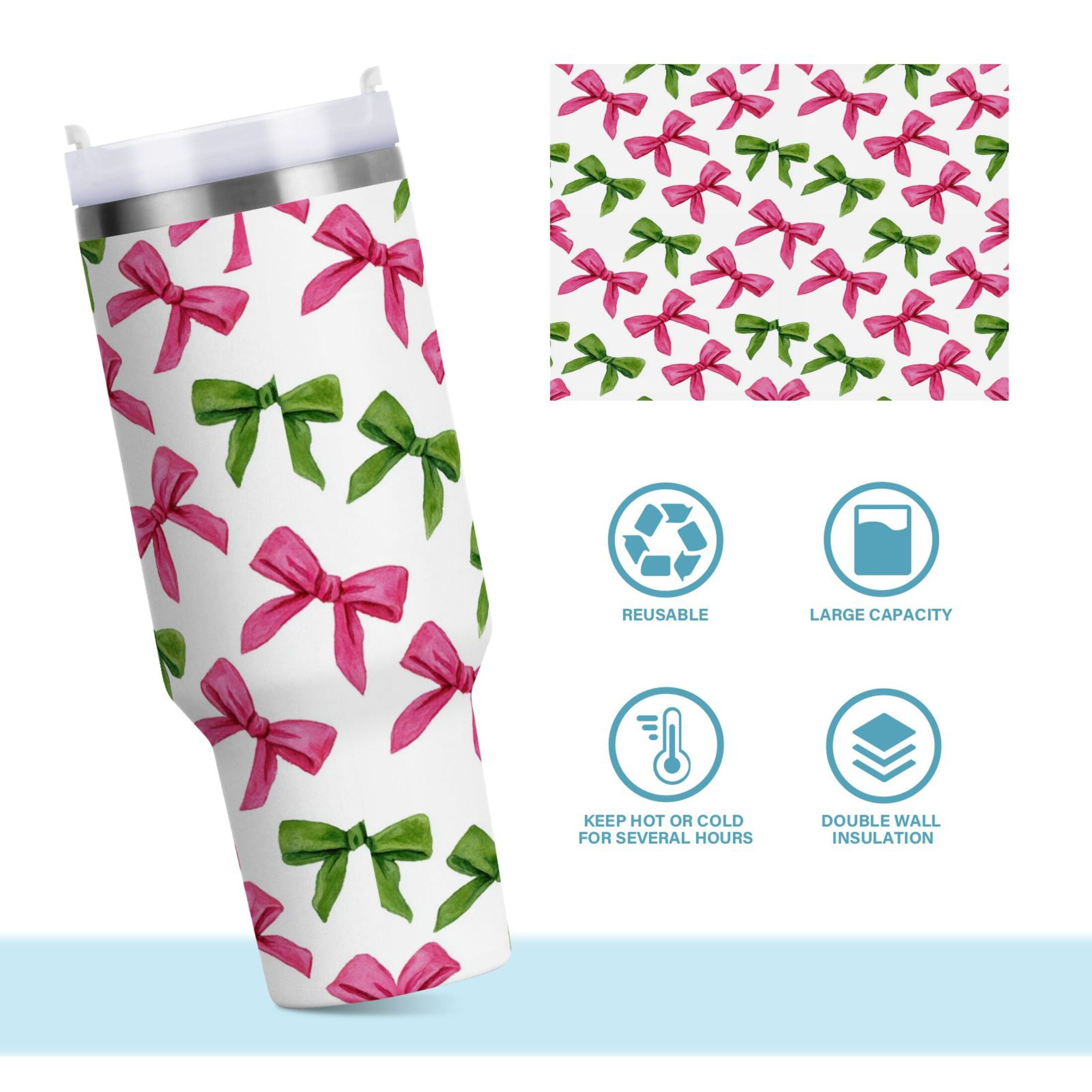 30 oz Insulated Stainless Steel Tumbler Double Wall Stainless Steel Tumbler with 2-Way Drinking Pink Bows and Green Ribbons Edition-SBOP