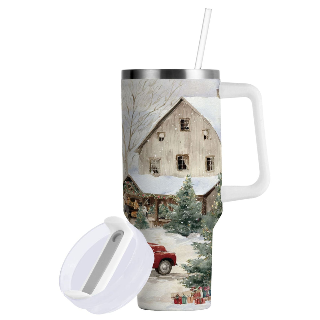 40 oz Insulated Stainless Steel Tumbler Double Wall Stainless Steel Tumbler with 2-Way Drinking Farm Snow Scene Edition-R2SL