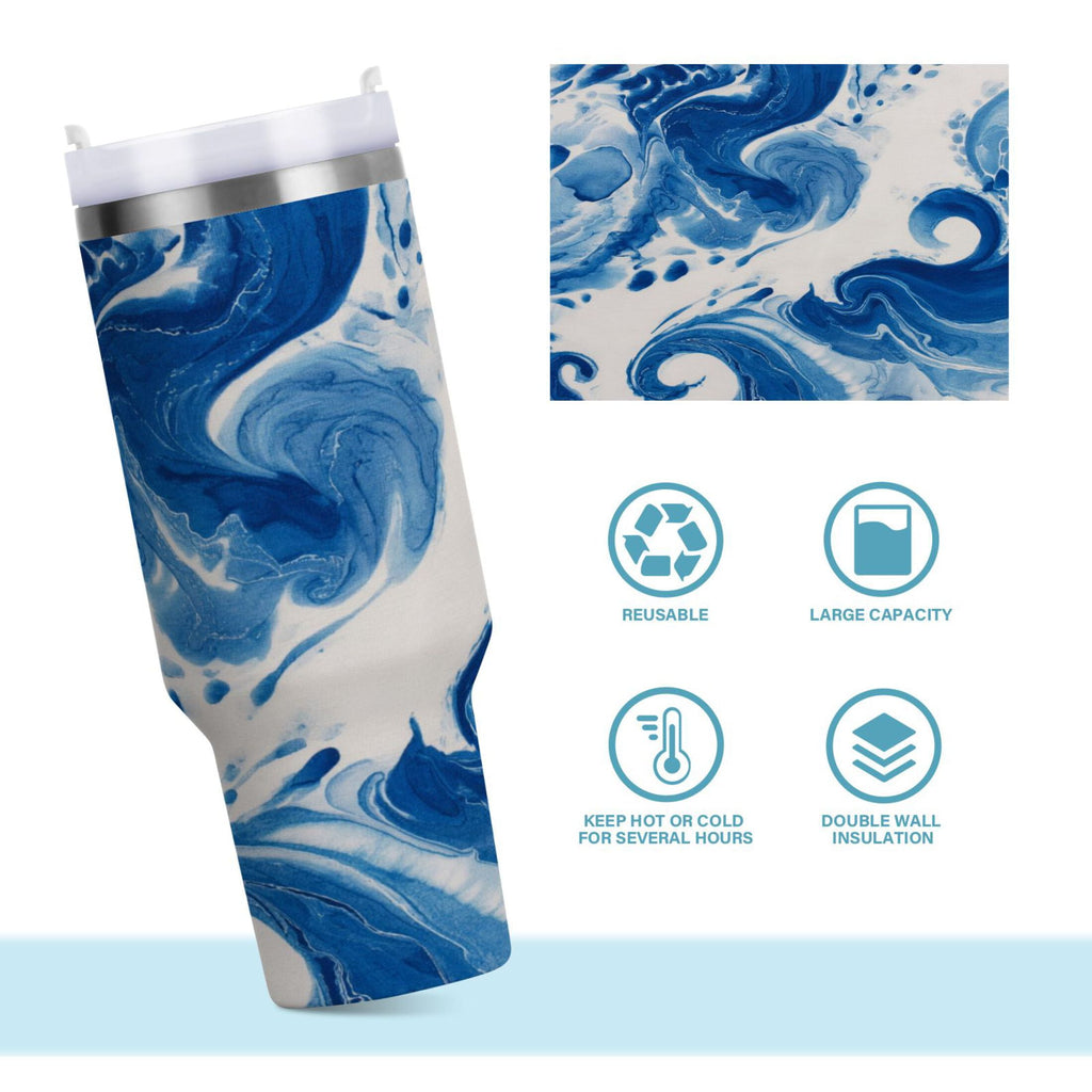 40 oz Insulated Stainless Steel Tumbler Double Wall Stainless Steel Tumbler with 2-Way Drinking Indigo Blue Tie-dye Pattern Edition-YWWE