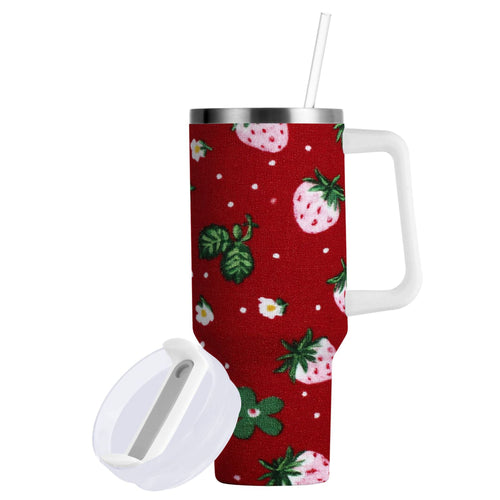 30 oz Insulated Stainless Steel Tumbler Double Wall Stainless Steel Tumbler with 2-Way Drinking Cute Pink Strawberry Pattern Edition-AZ2V