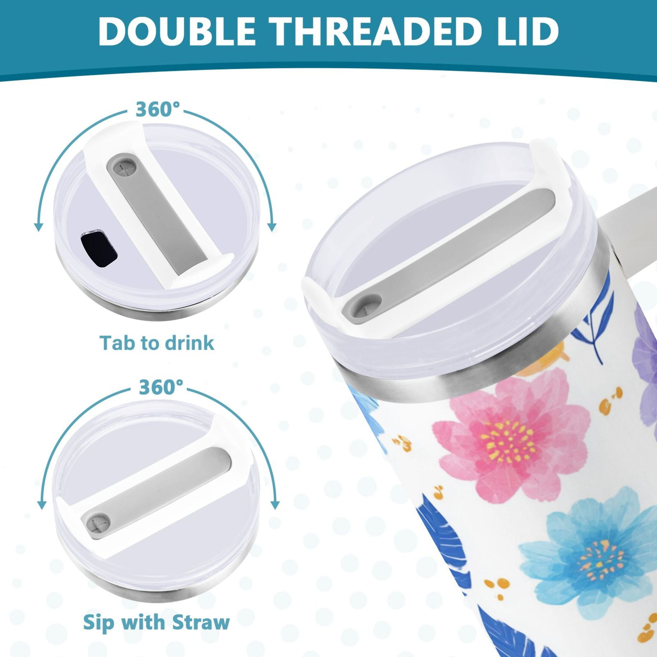 30 oz Insulated Stainless Steel Tumbler Double Wall Stainless Steel Tumbler with 2-Way Drinking Blue and Purple Flowers Edition-VO3K