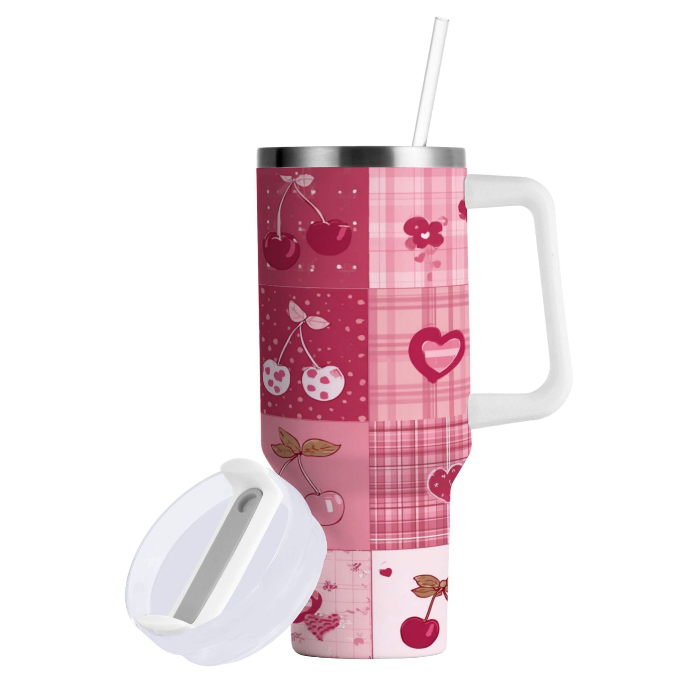 30 oz Insulated Stainless Steel Tumbler Double Wall Stainless Steel Tumbler with 2-Way Drinking Cherry Pattern with Bows Edition-65T1