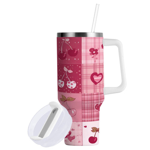 30 oz Insulated Stainless Steel Tumbler Double Wall Stainless Steel Tumbler with 2-Way Drinking Cherry Pattern with Bows Edition-65T1