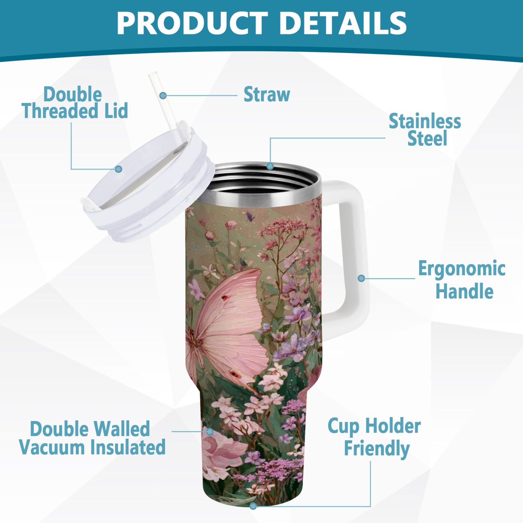 30 oz Insulated Stainless Steel Tumbler Double Wall Stainless Steel Tumbler with 2-Way Drinking Delicate Butterfly Edition-N7B9